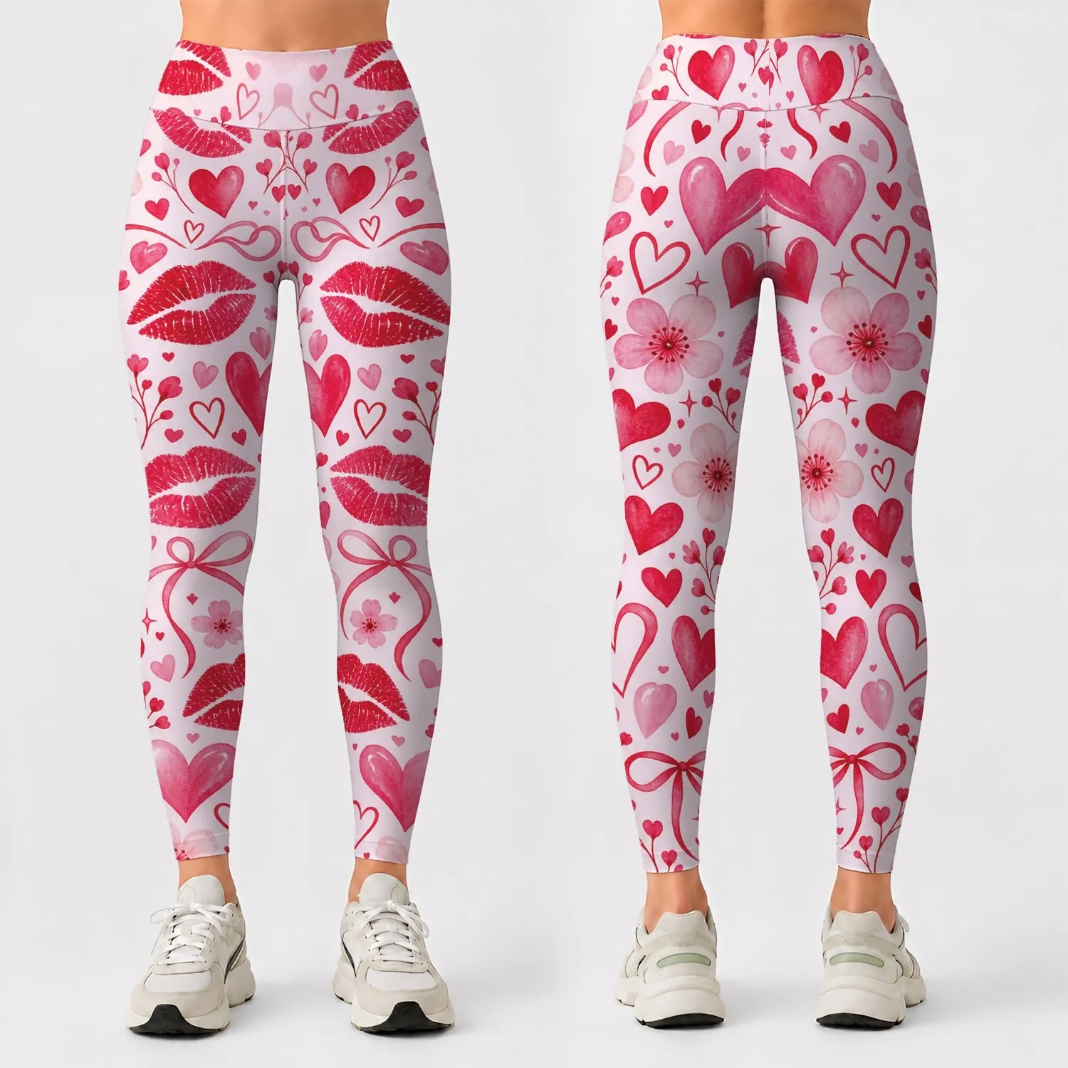 Pink Lips And Heart Motifs For Yoga, Pilates, And Everyday Romantic Style Leggings - 1
