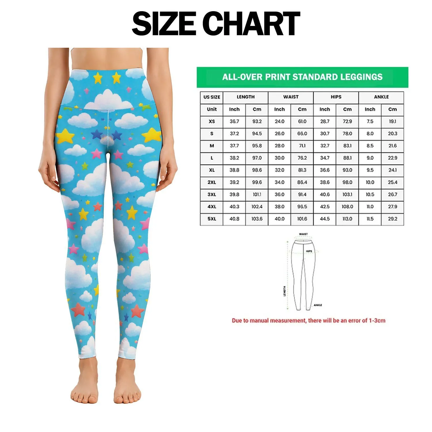 Turquoise Cloud And Colorful Stars For Yoga, Pilates And Everyday Wear Leggings - 1