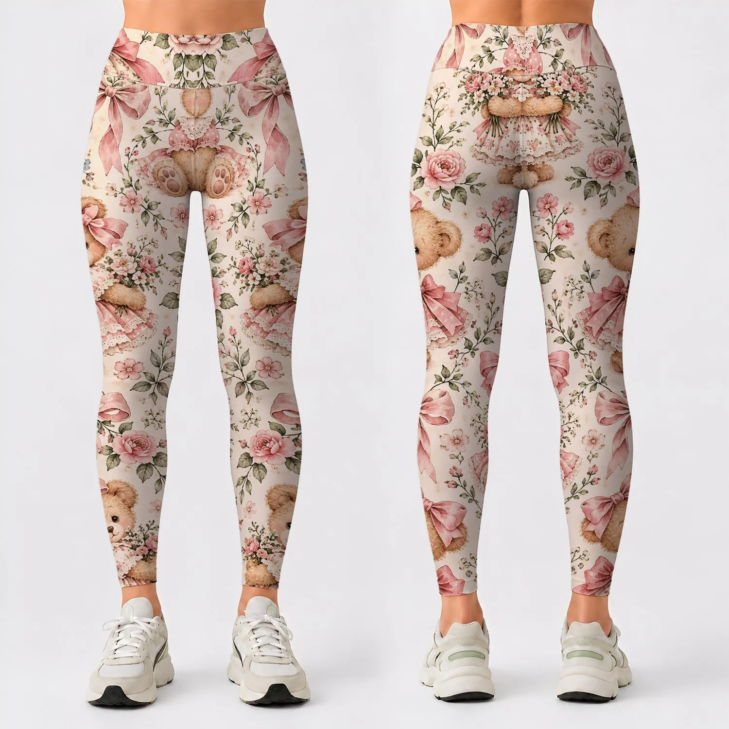 Vintage Teddy Bears And Pink Bows For Cozy Pilates And Everyday Outings Leggings - 1