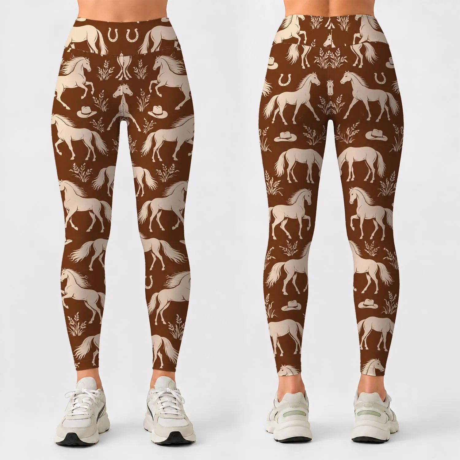 Ivory Horse And Horseshoe Motifs For Equestrian Yoga And Everyday Wear Leggings - 1