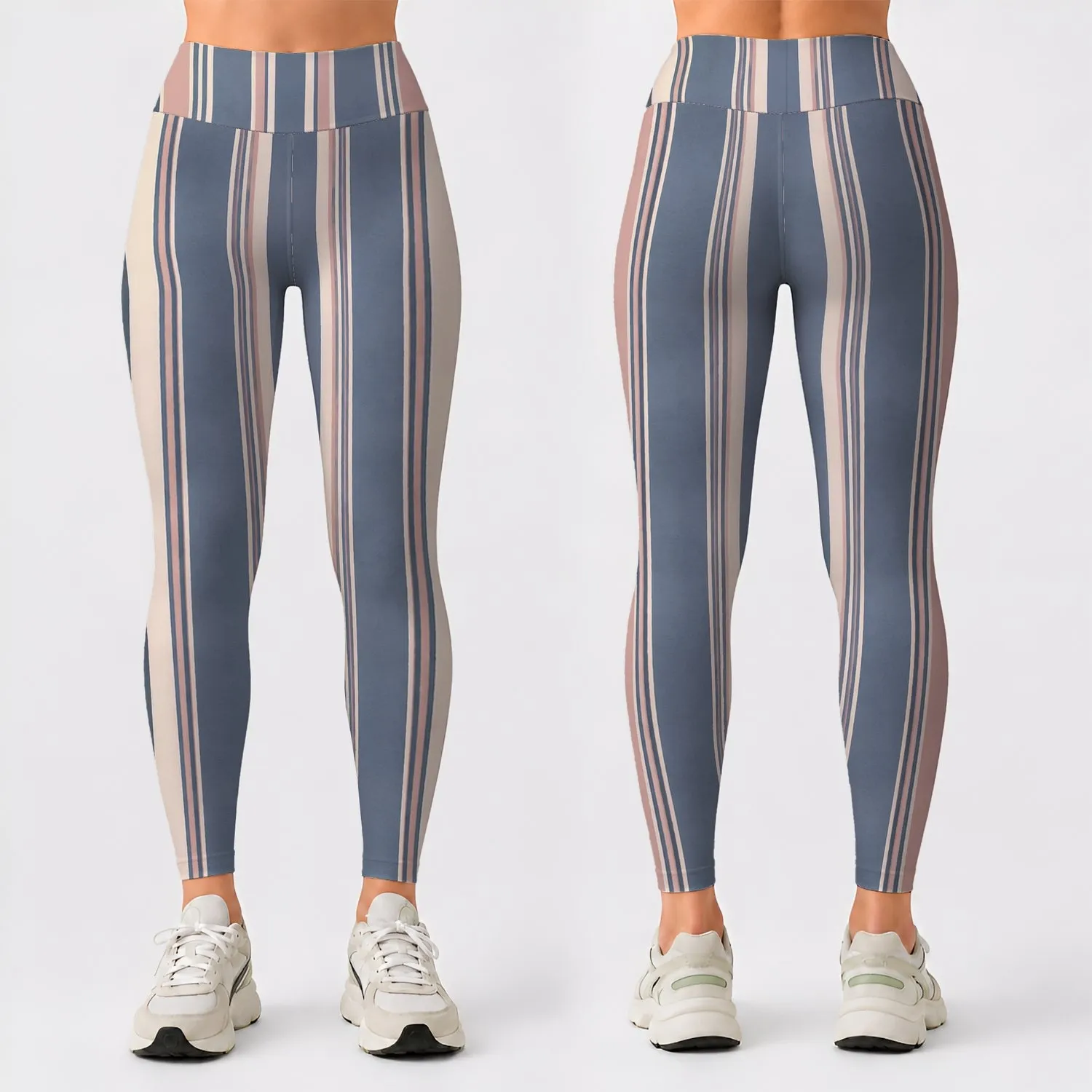 Slate Blue Vertical Stripes With Rose Pinlines For Yoga, Pilates And Daily Wear Style Leggings - 1
