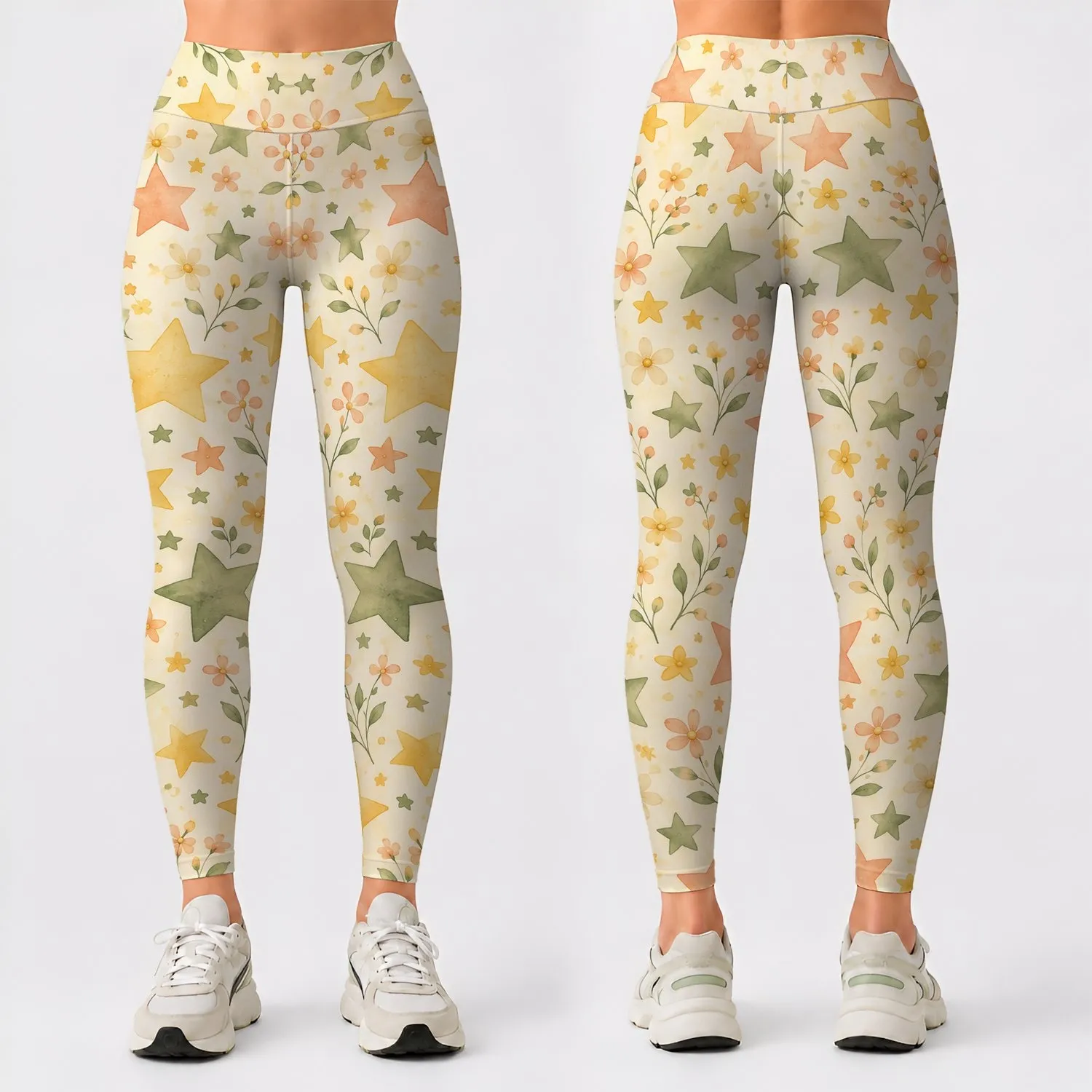 Cream Yellow Stars and Daisies for Yoga, Pilates, and Everyday Active Lifestyle Leggings - 1