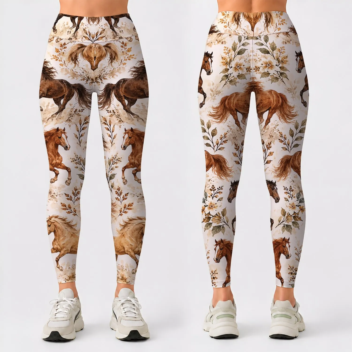 Warm Chestnut Galloping Horses for Pilates, Trail Days and Everyday Country Style Leggings - 1