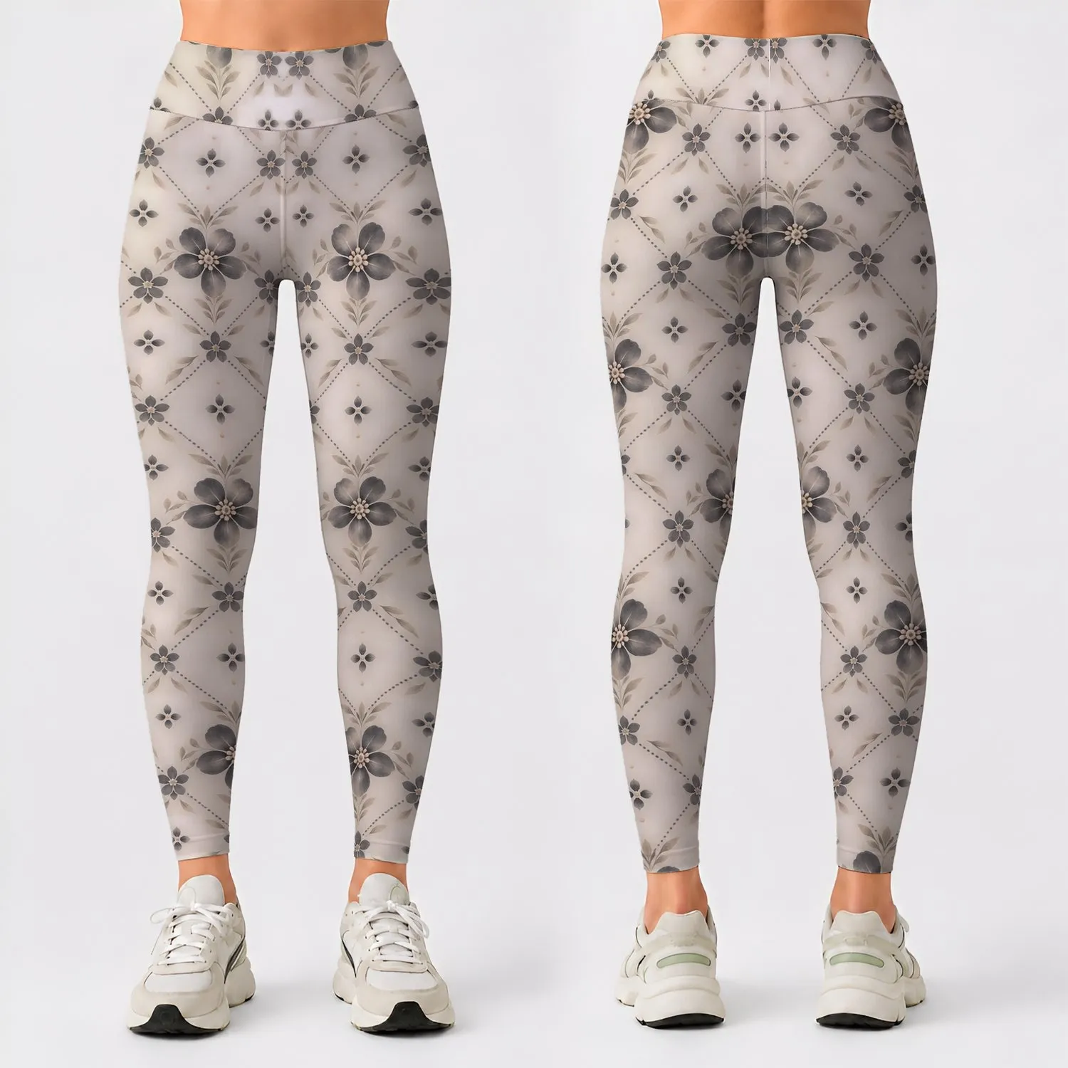 Ivory Charcoal Diamond Florals for Yoga Pilates and Everyday Outings Leggings - 1