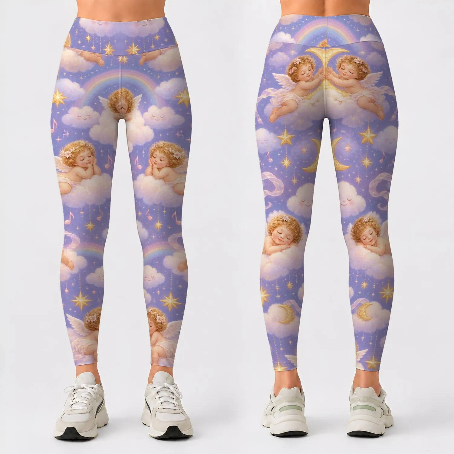 Sleeping Angel Clouds And Golden Stars For Dreamy Yoga And Pilates Sessions Leggings - 1