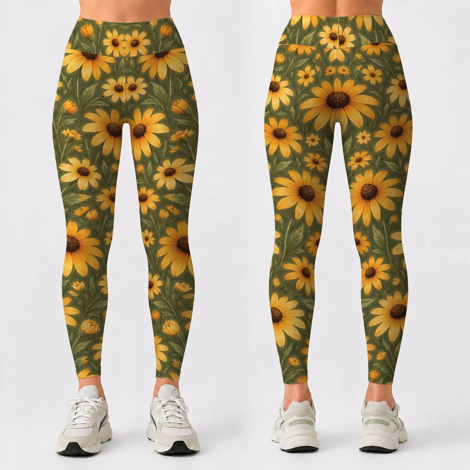 Golden Daisies on Sage Green for Yoga, Pilates, and Everyday Style Leggings - 1