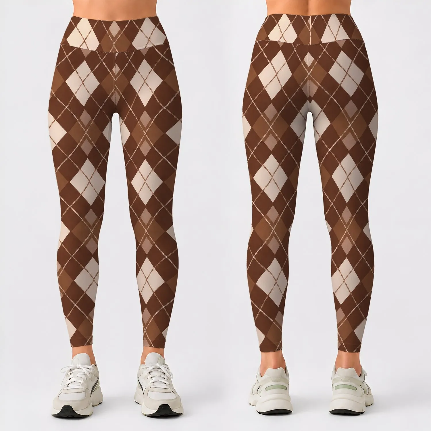 Warm Brown And Ivory Argyle Diamonds For Pilates, Yoga And Everyday City Style Leggings - 1