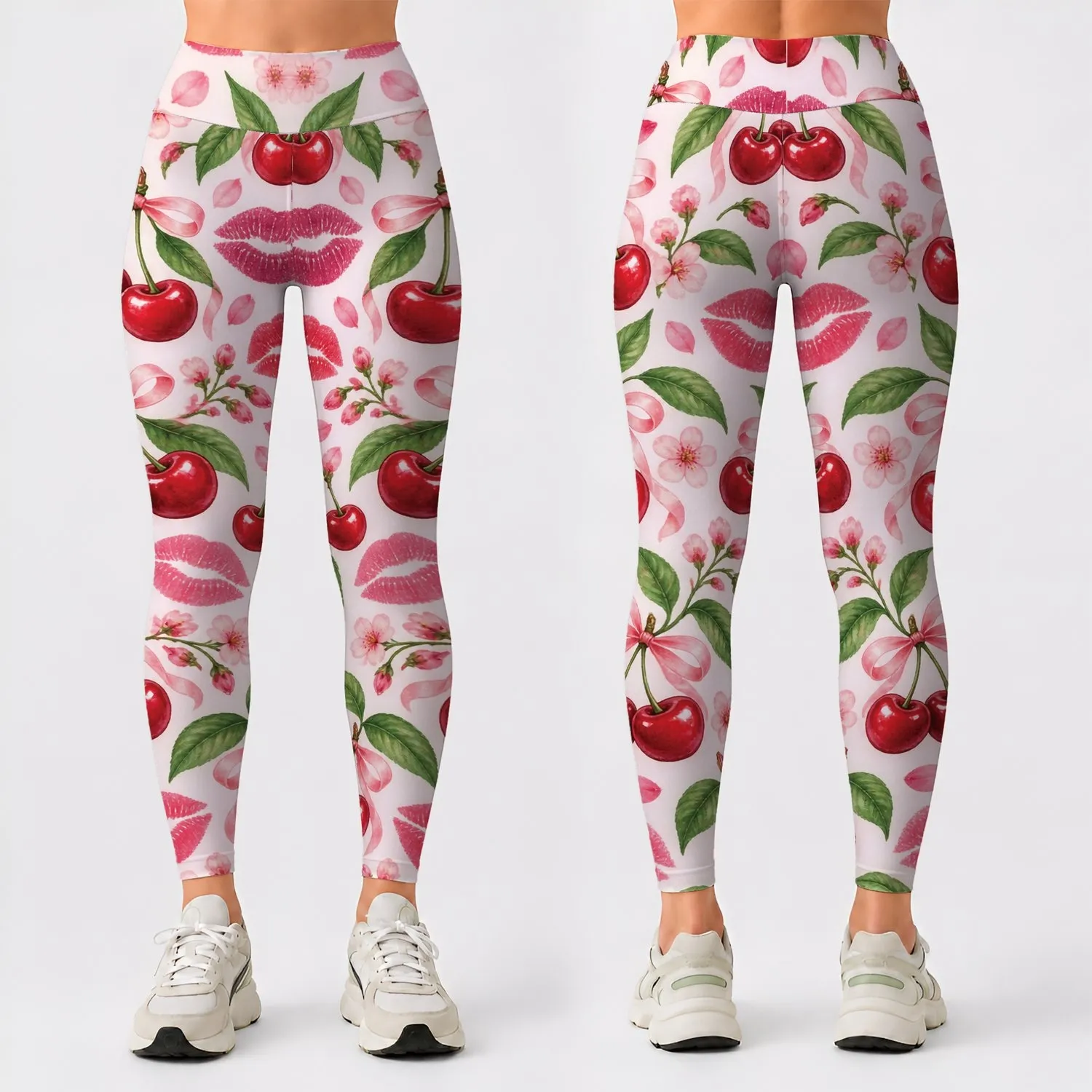 Cherry and Lipstick Kiss Motifs for Yoga, Pilates and Sweet Weekend Casual Style Leggings - 1