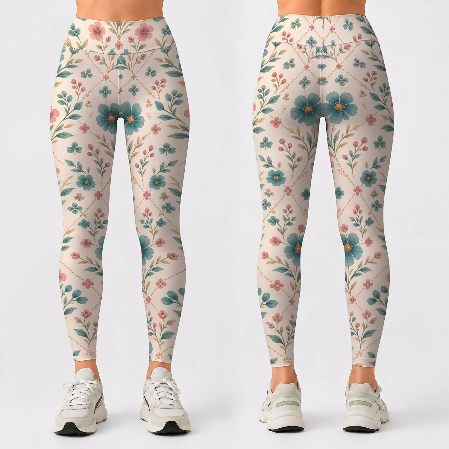 Cream Teal And Rose Ditsy Florals For Yoga, Pilates And Everyday Casual Wear For Women Leggings - 1