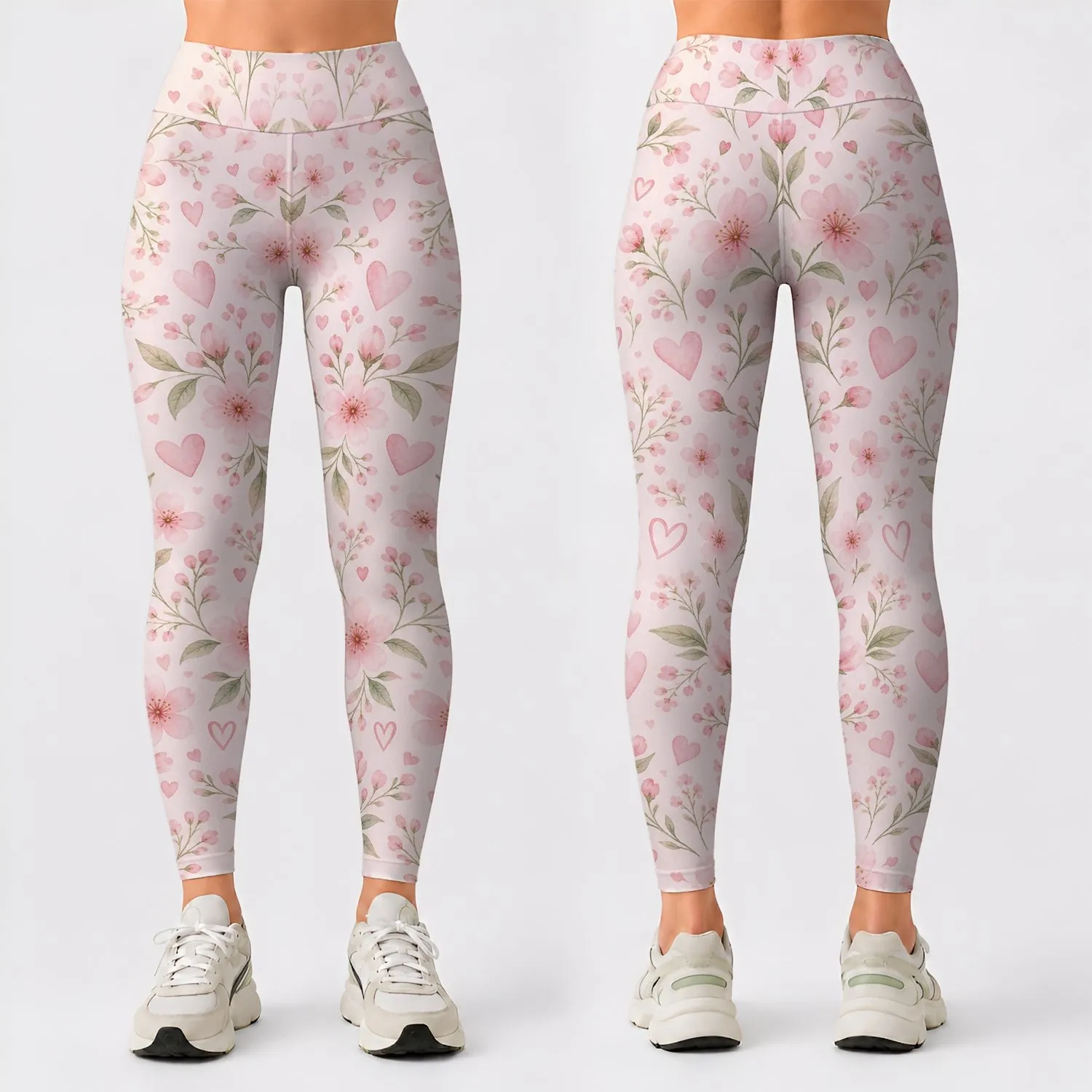 Soft Pink Hearts And Tiny Blossoms For Yoga, Pilates, And Relaxed Everyday Style Leggings - 1