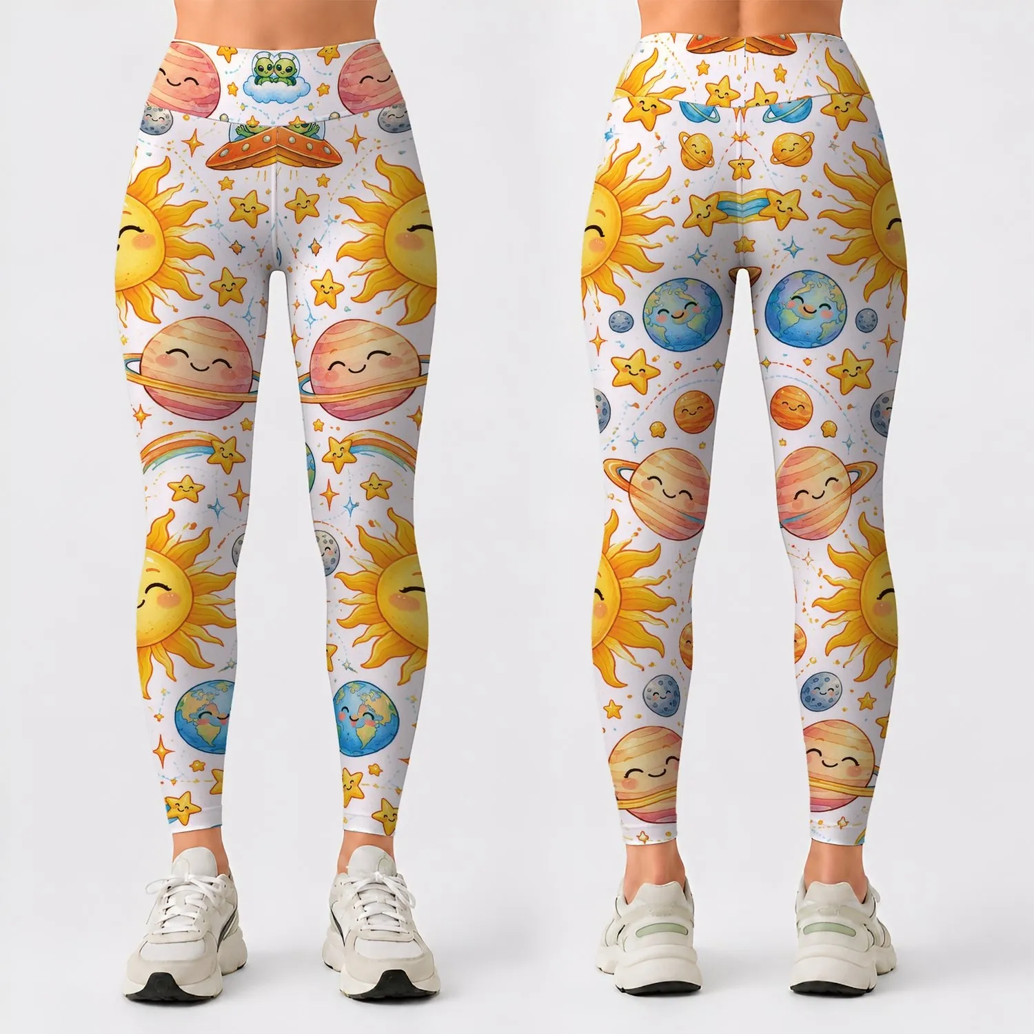 Cute Space Suns, Planets And UFOs For Yoga, Pilates, Travel And Everyday Cosmic Style Leggings - 1