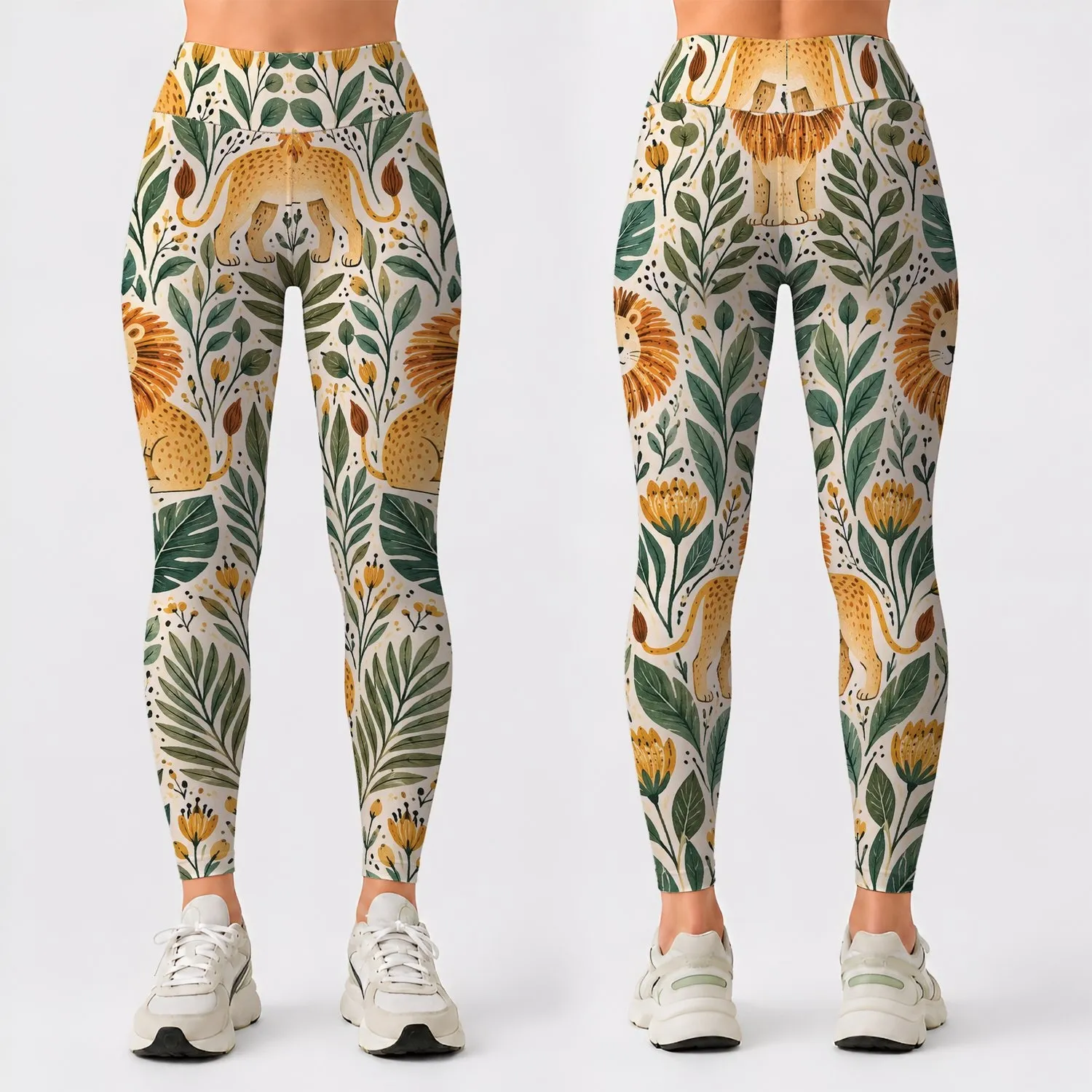 Sage Leaf and Lion Motifs for Yoga, Pilates, and Everyday Outings Leggings - 1