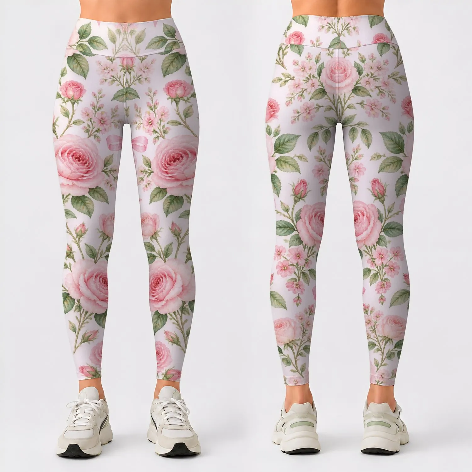 Blush Rose Sprigs and Ribbon Bows for Yoga, Pilates and Everyday Wear Leggings - 1