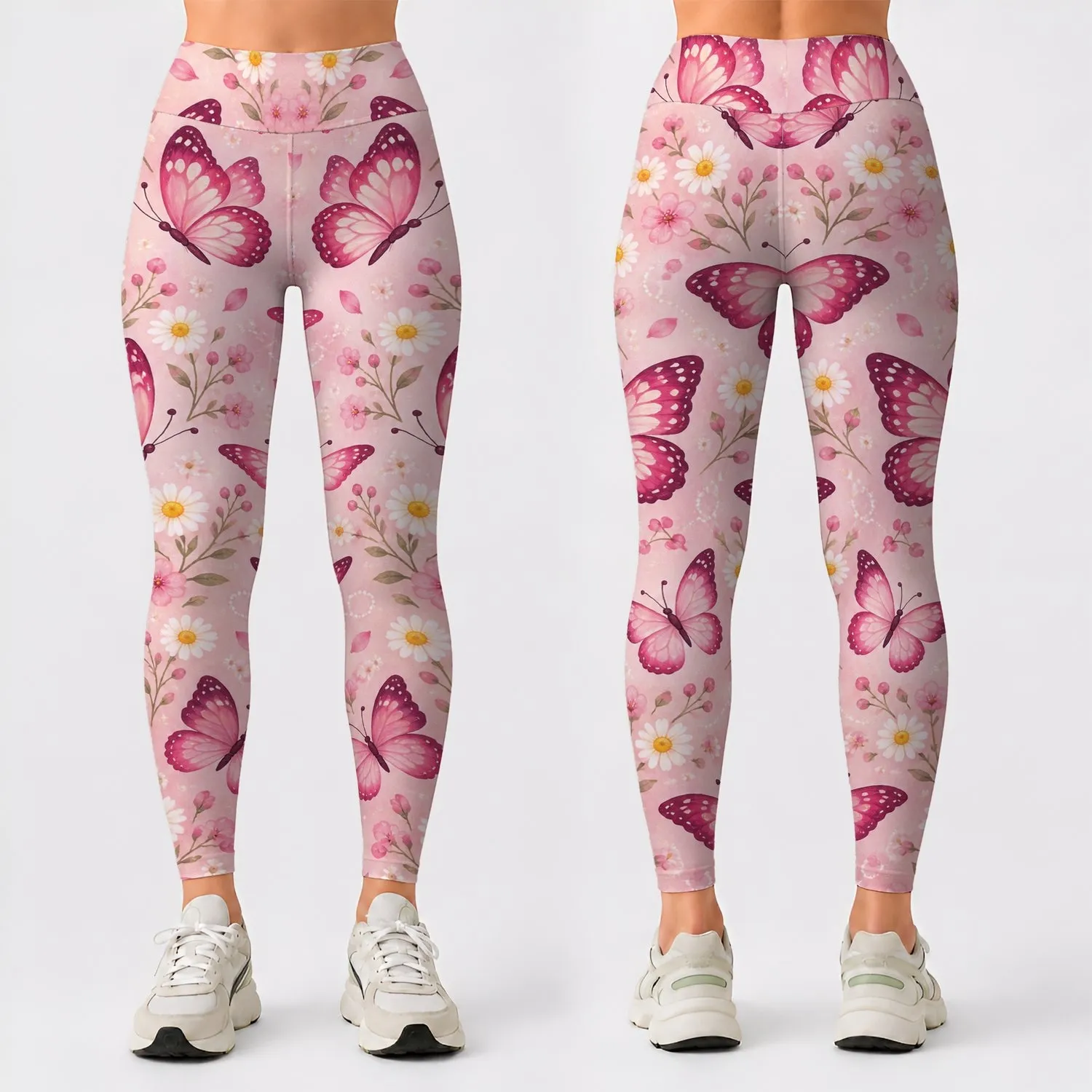Pink Butterfly And Daisy Motifs For Yoga Pilates And Everyday Spring Style Leggings - 1