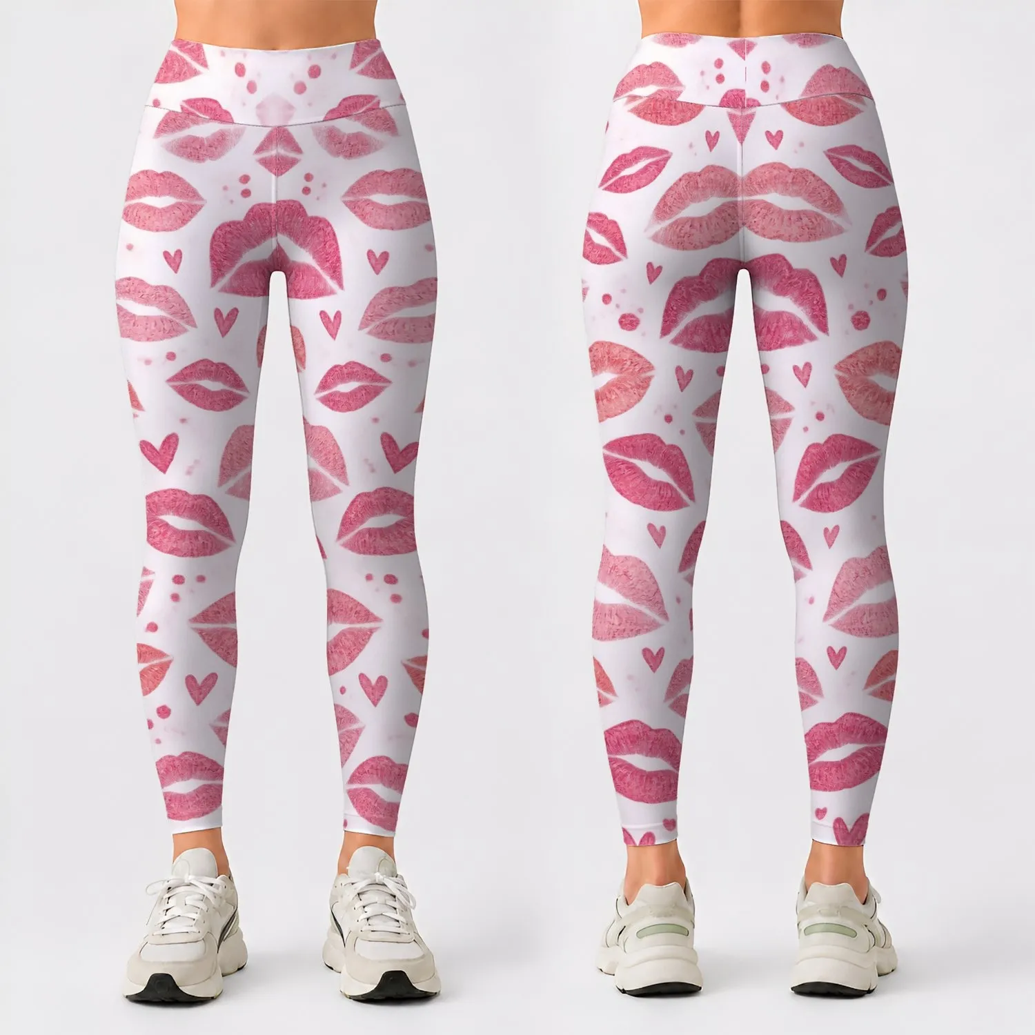 Dusty Rose Lipstick Kiss Motifs for Yoga, Pilates, Studio Days and Everyday Wear Leggings - 1