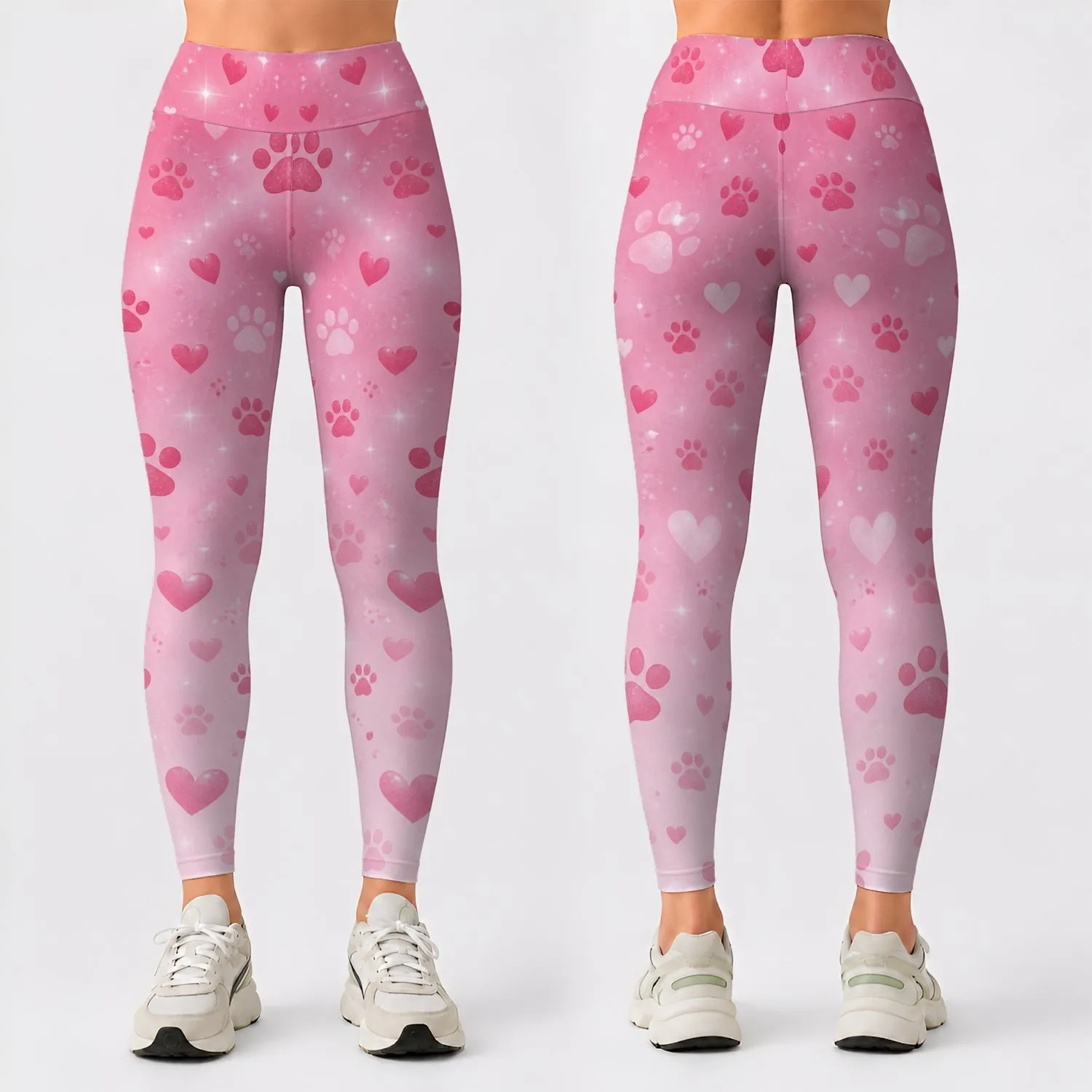 Soft Pink Paw Prints and Hearts for Yoga, Running, and Everyday Activewear Style Leggings - 1
