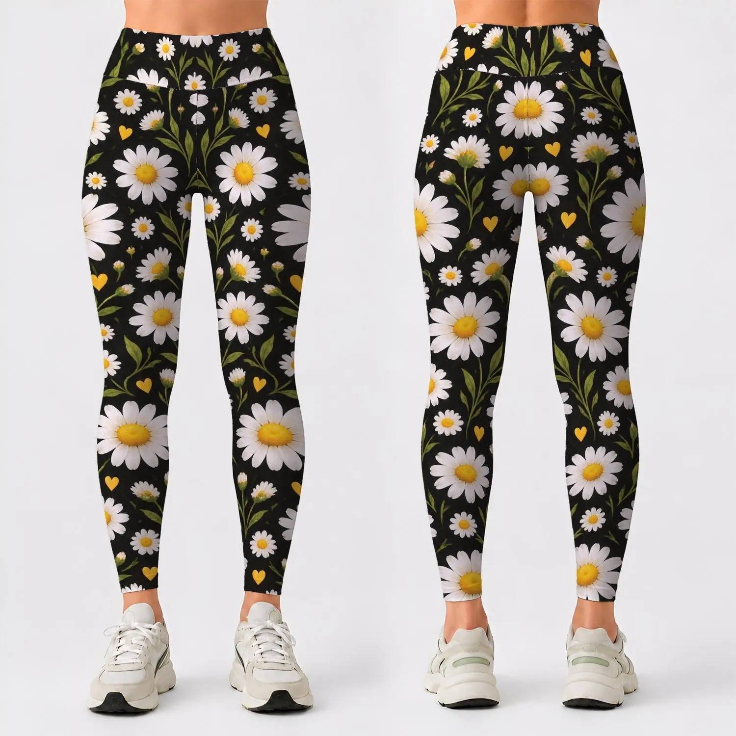 White Daisy and Golden Yellow Blooms for Cheerful Yoga and Everyday Activewear Style Leggings - 1