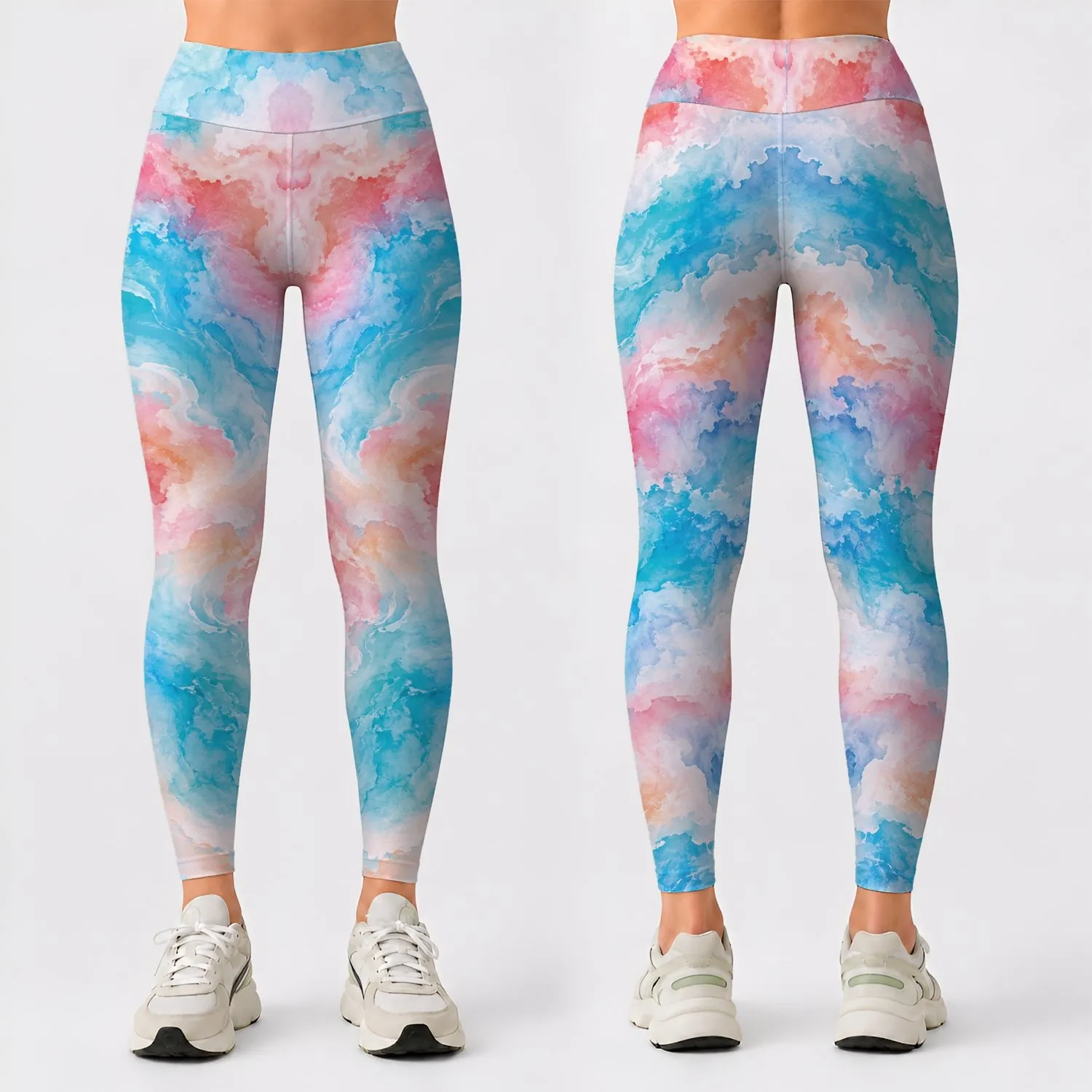Pastel Aqua Coral Ombre Tie Dye for Yoga, Pilates, and Everyday Activewear Style Leggings - 1