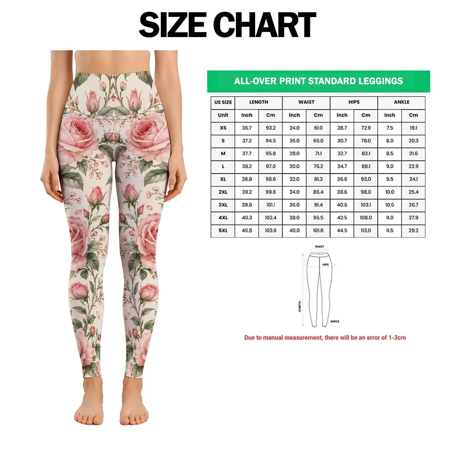Pink Rose and Sage Vine Motifs for Yoga, Pilates, and Everyday Active Lifestyle Wear Leggings - 1