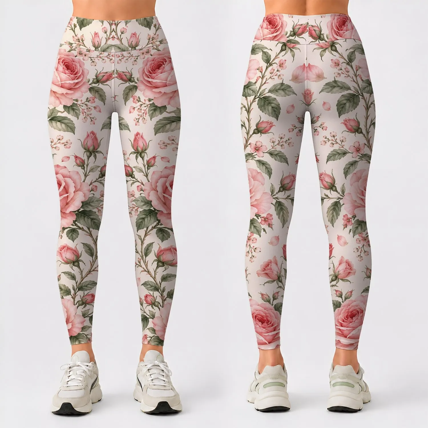 Pink Rose and Sage Vine Motifs for Yoga, Pilates, and Everyday Active Lifestyle Wear Leggings - 1