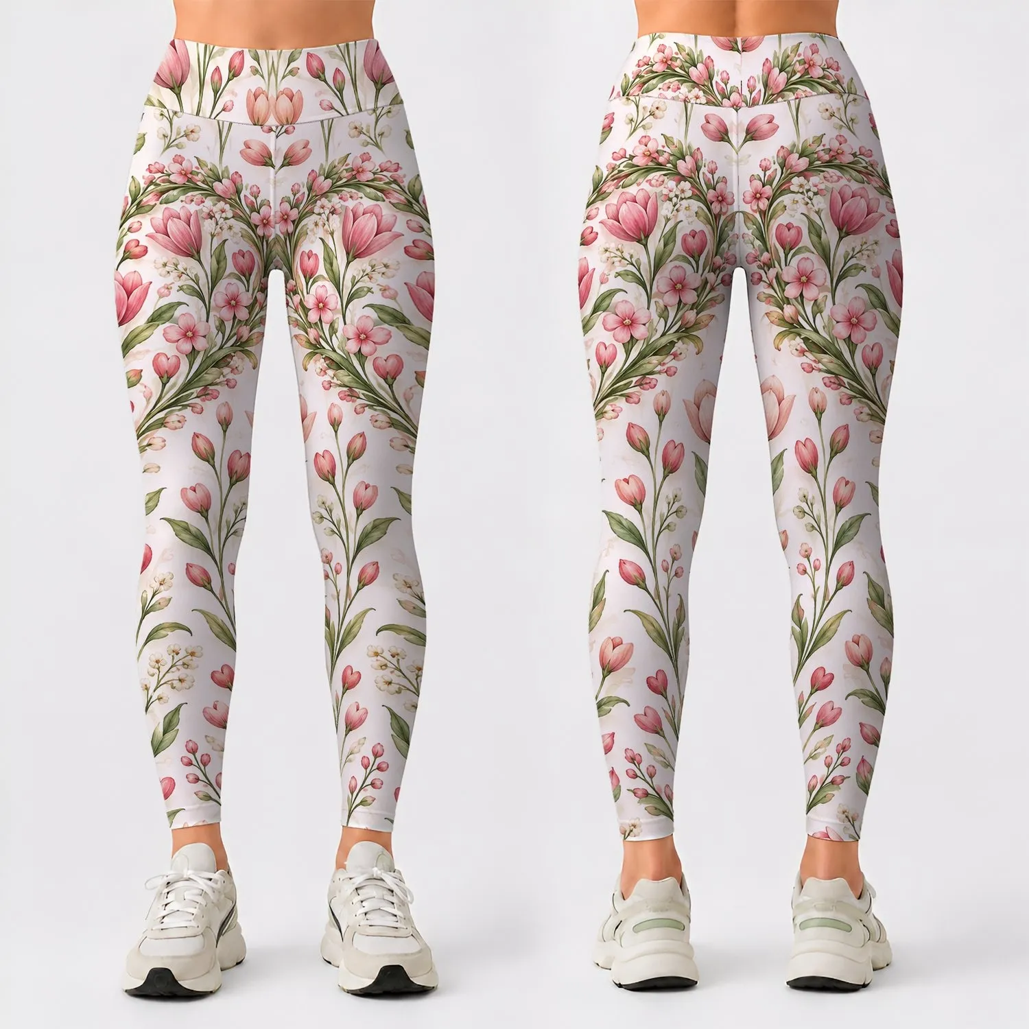 Pink Floral Heart Motif for Yoga, Pilates and Everyday Wellness Sessions for Women Leggings - 1