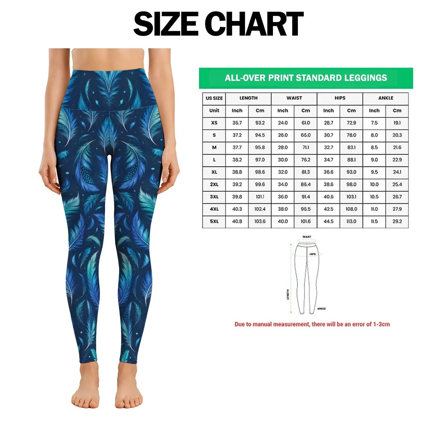 Teal Blue Feather Motifs For Yoga Pilates And Everyday Activewear Leggings - 1