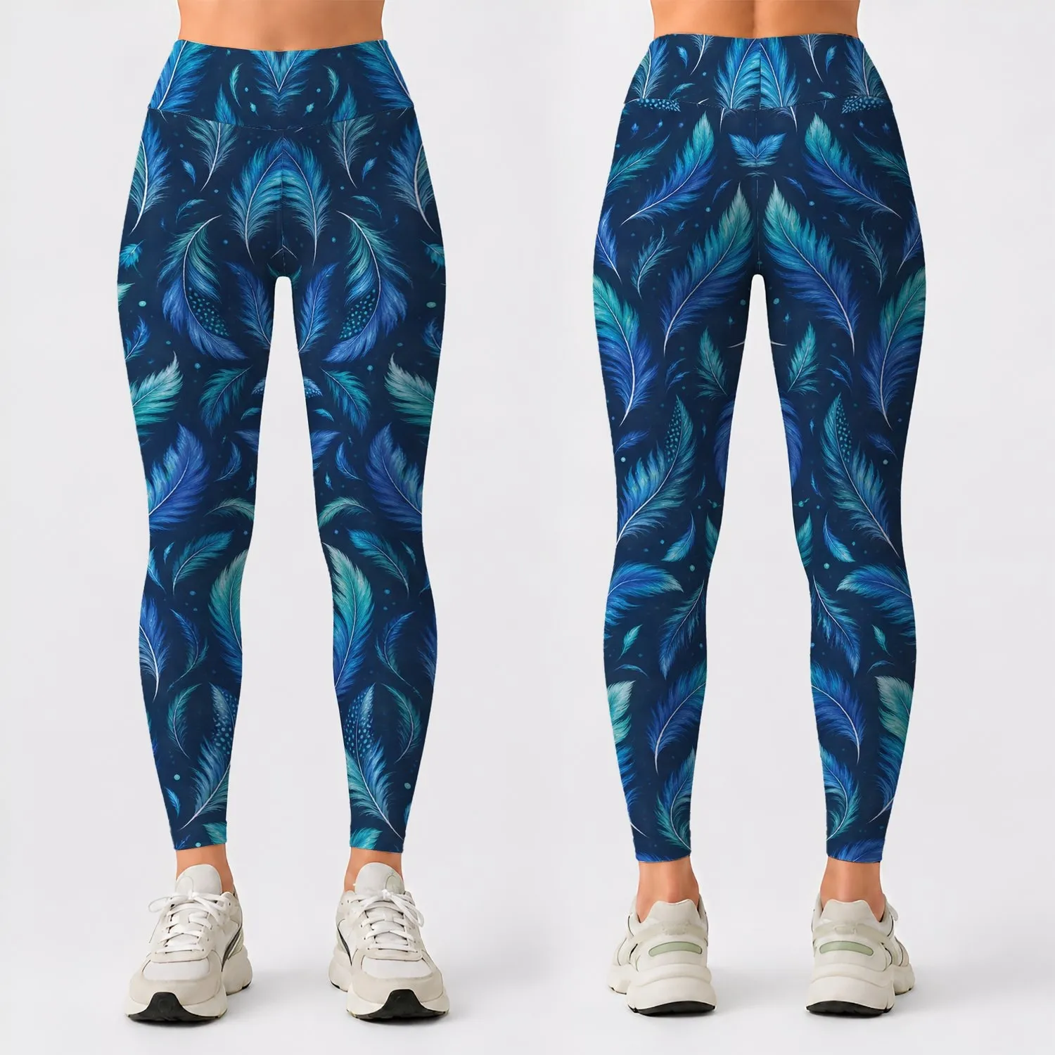 Teal Blue Feather Motifs For Yoga Pilates And Everyday Activewear Leggings - 1