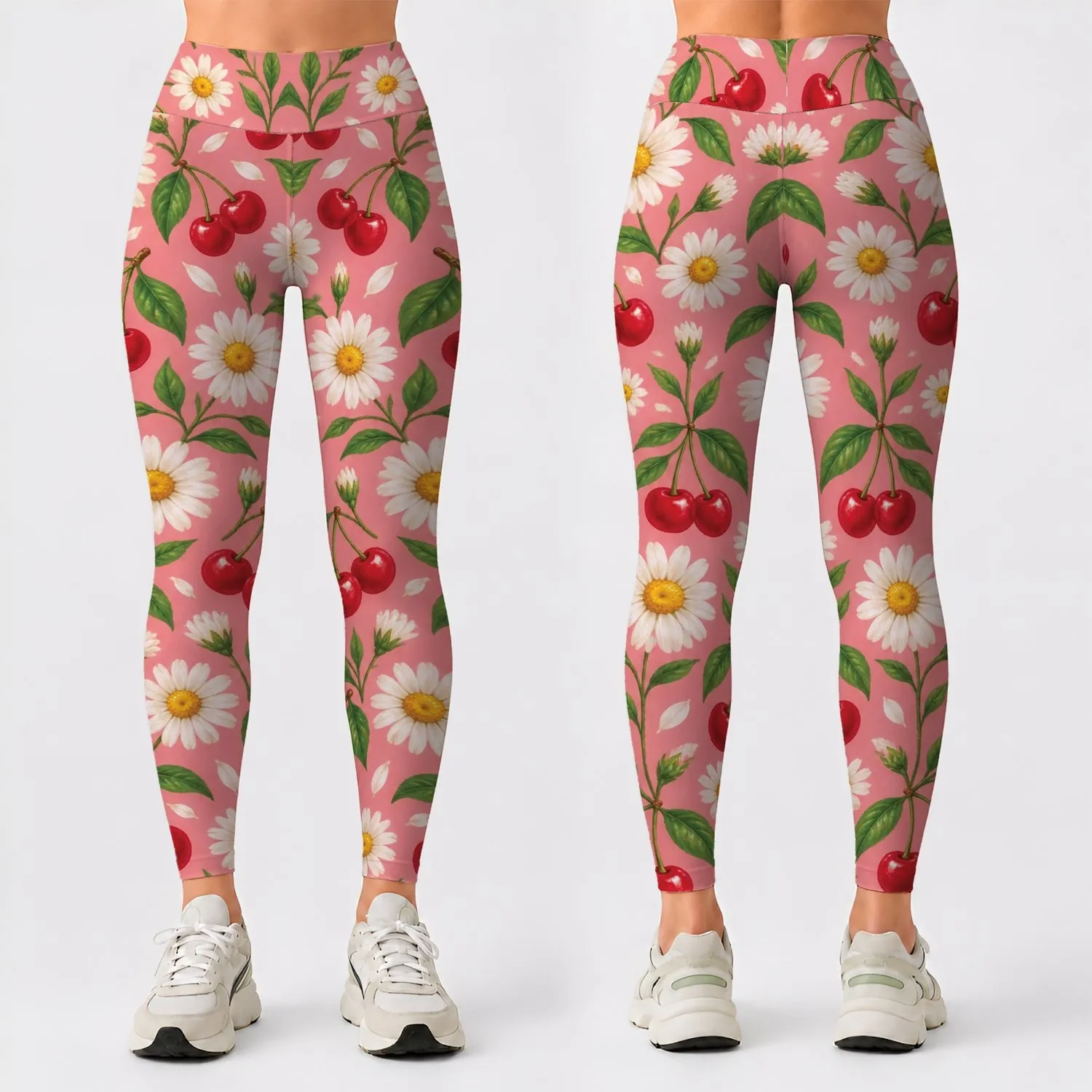 Daisy And Cherry Garden Motifs For Yoga, Pilates And Sunny Everyday Outings Leggings - 1