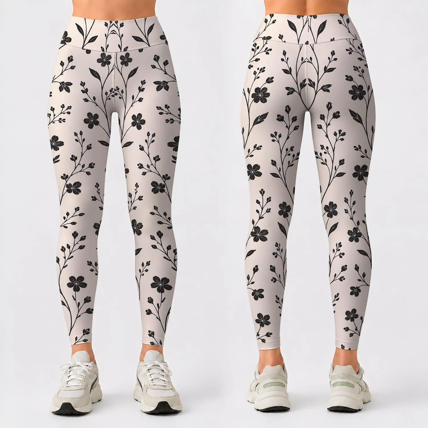 Ivory Black Floral Vine Wildflowers for Yoga Pilates and Everyday Wear Leggings - 1