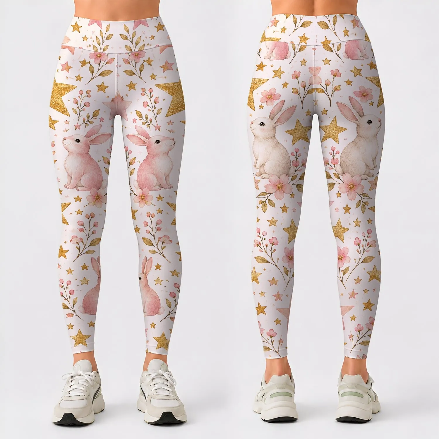 Golden Stars and Blush Bunnies for Yoga, Pilates, Commuting and Everyday Activewear Leggings - 1