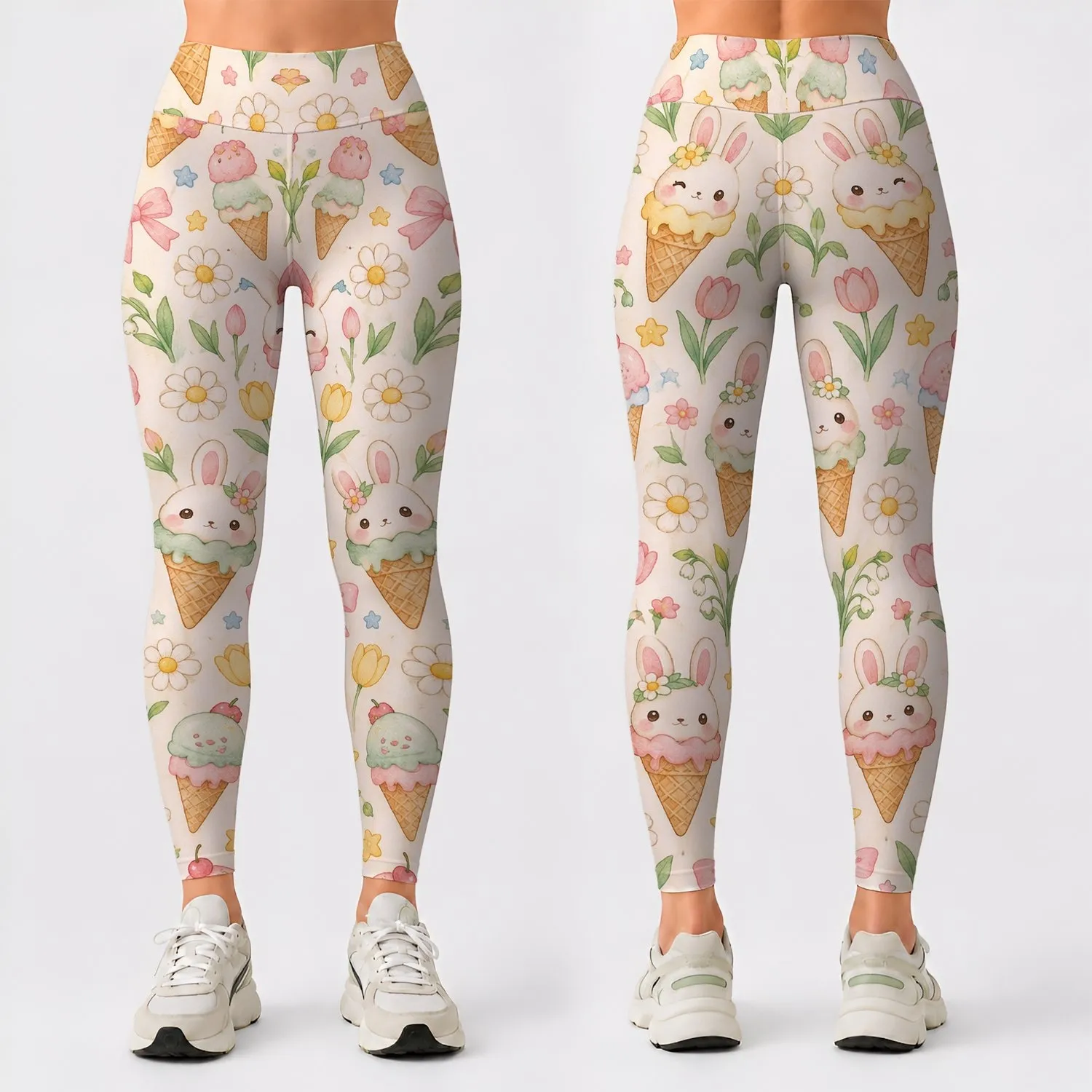 Pastel Bunny, Ice Cream and Daisy Motifs for Cheerful Yoga and Everyday Outings Leggings - 1