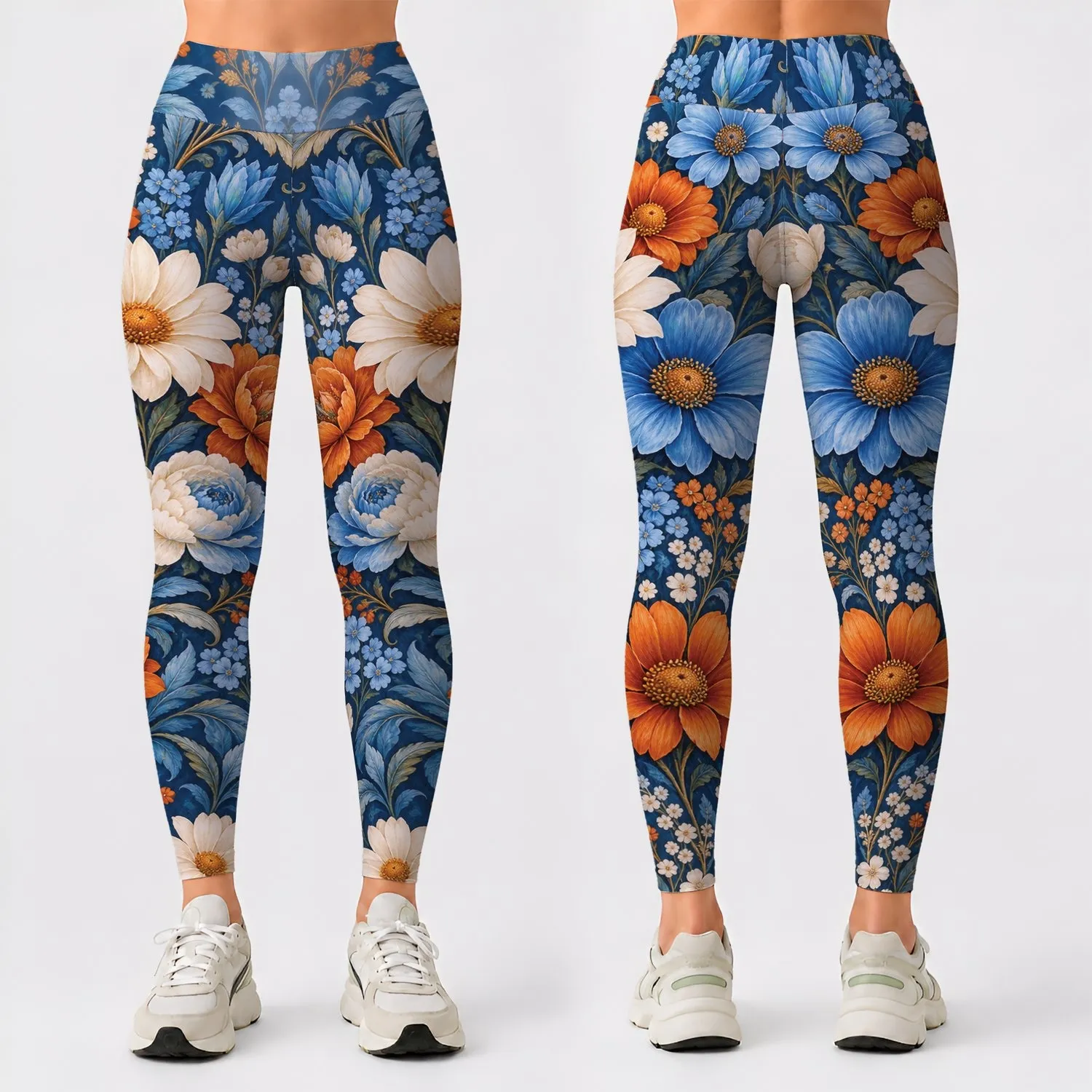 Blue Rust Floral Blooms for Yoga, Pilates and Everyday Movement for Active Women Leggings - 1