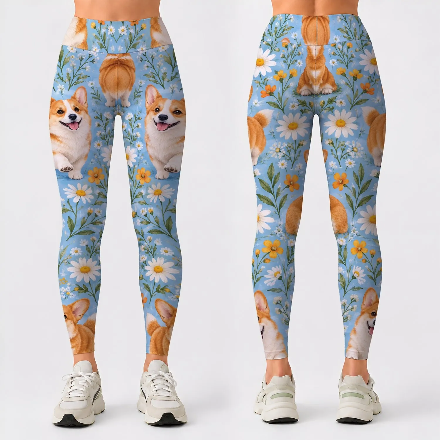 Corgi and Daisy Meadow Companions for Yoga, Pilates, and Cheerful Everyday Outings Leggings - 1