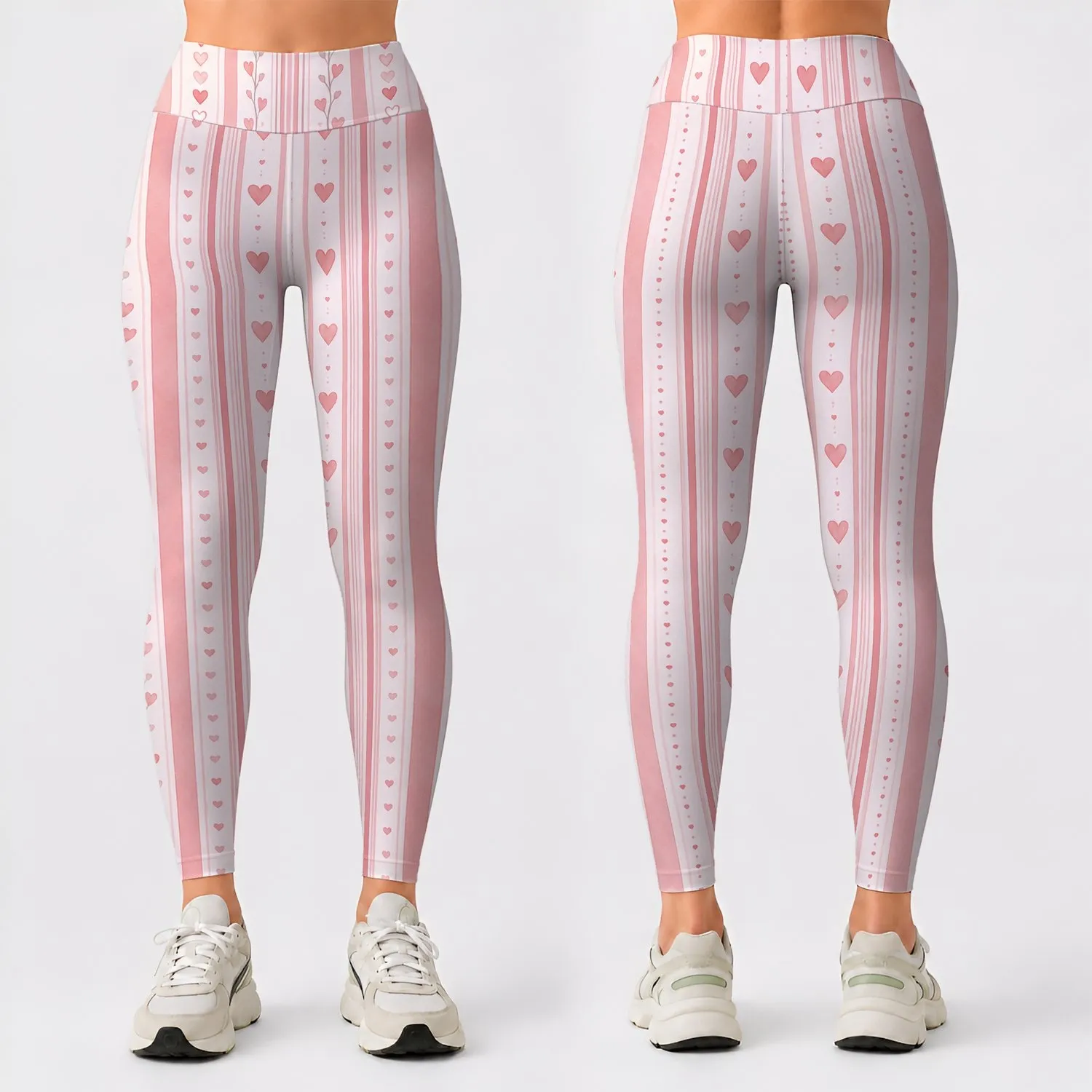 Blush Pink Heart Stripe Motif for Yoga, Pilates, Travel, and Everyday Activewear Style Leggings - 1