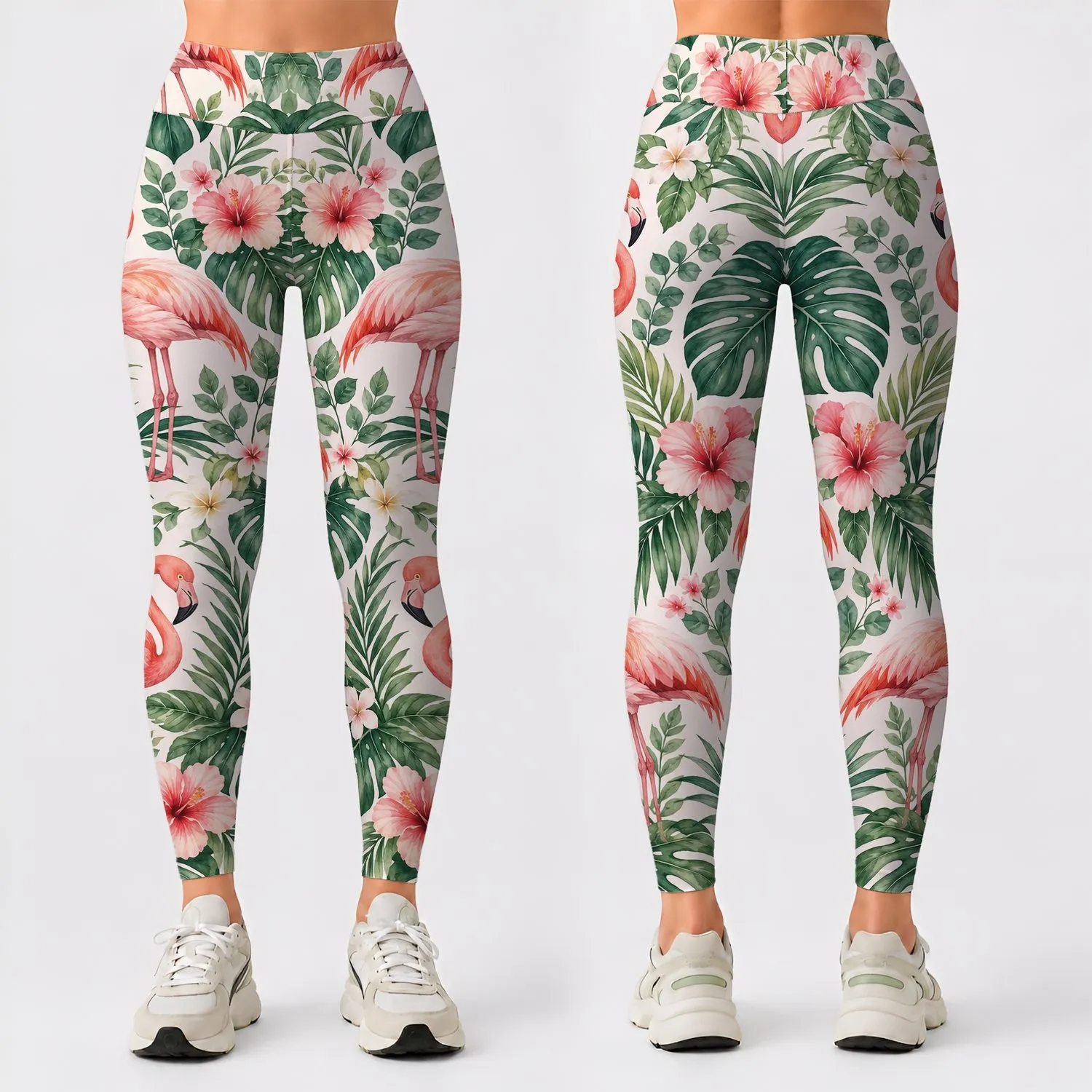 Flamingo And Tropical Leaves For Yoga, Pilates, Travel And Everyday Style Leggings - 1