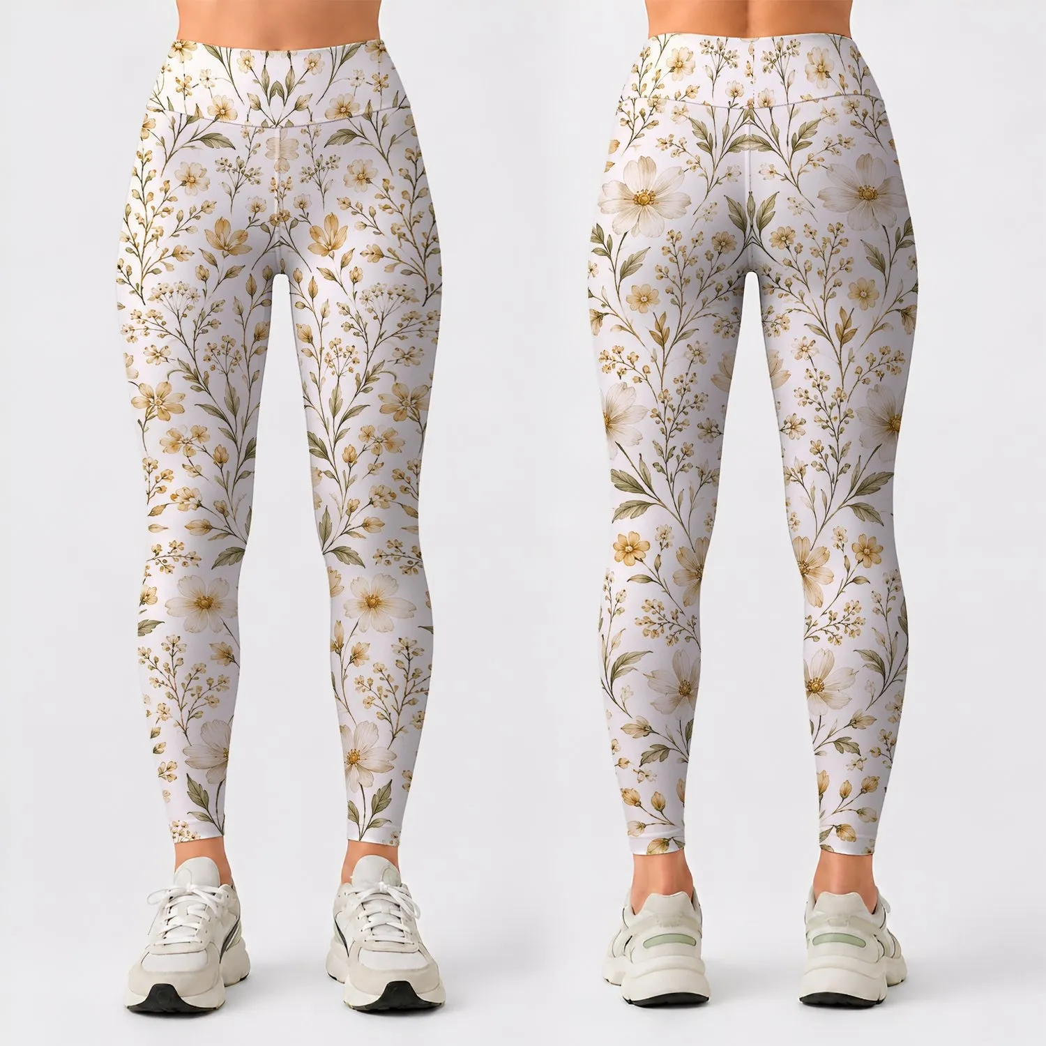 Ivory Gold Wildflower Motifs for Yoga, Pilates and Everyday Wellness for Active Women Leggings - 1