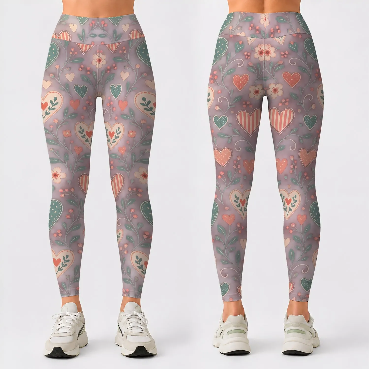 Whimsical Teal And Peach Hearts For Yoga, Pilates, And Everyday Casual Style Wear Leggings - 1