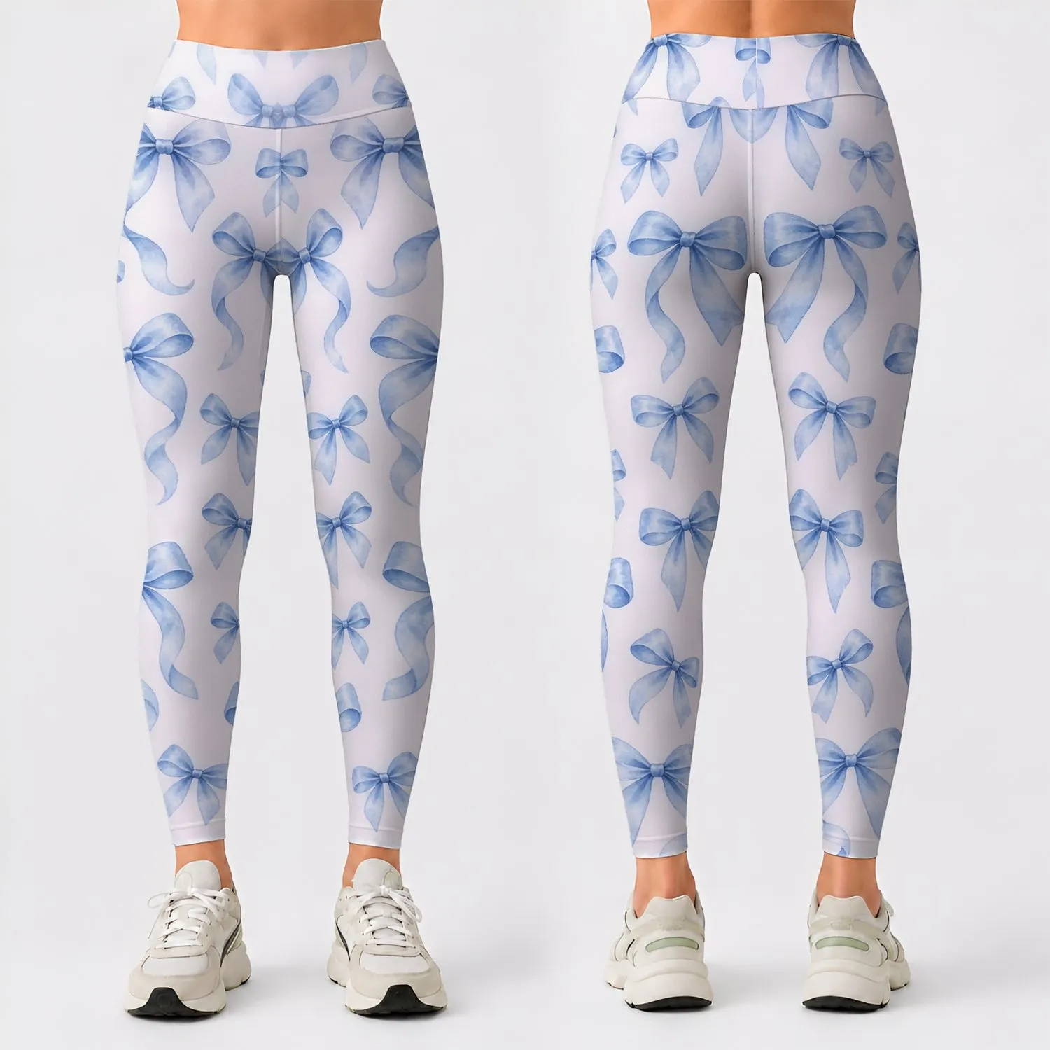 Blue Watercolor Bows for Yoga, Pilates, and Everyday Casual Style Leggings - 1