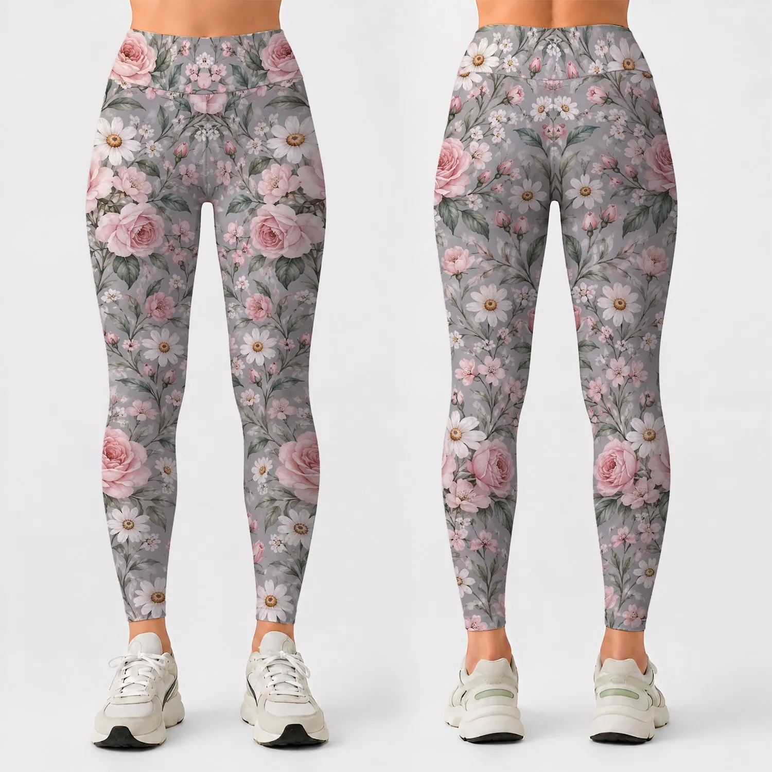 Soft Pink Rose And Daisy Blooms For Studio Workouts And Everyday Activewear For Women Leggings - 1