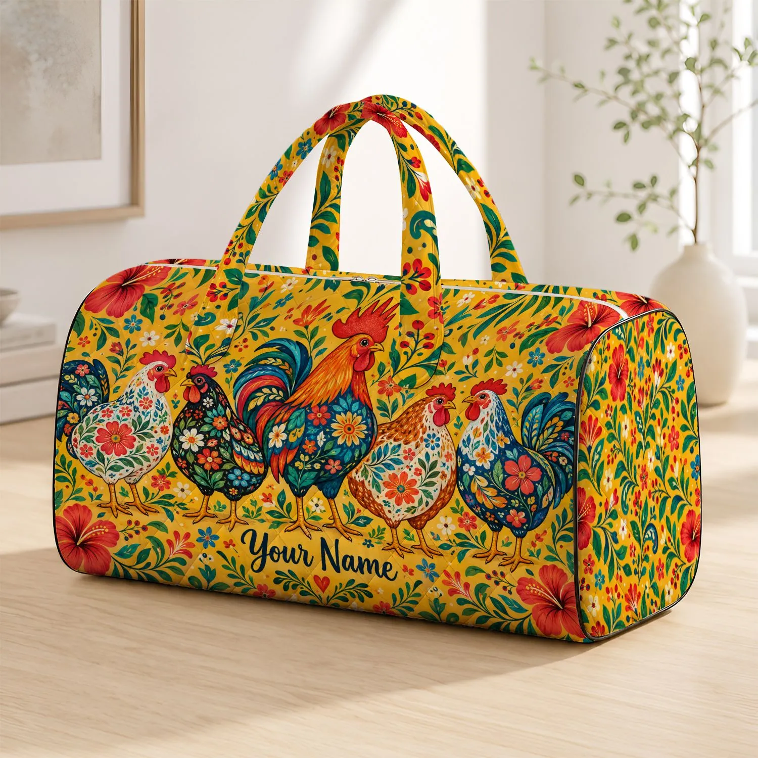 Colorful Folk Art Chickens for Sunny Beach Trips and Relaxed Weekend Getaways Quilted Weekend Bag - 1