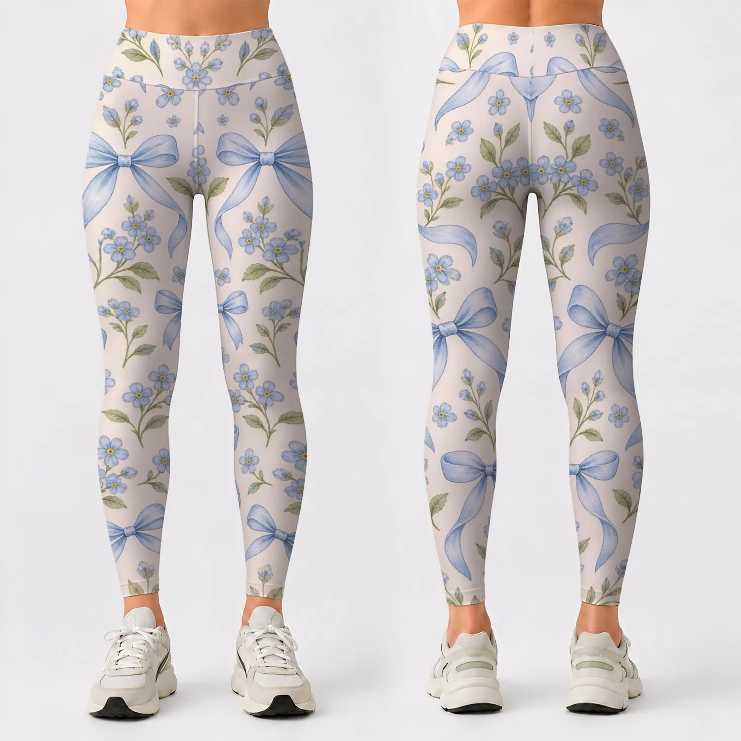 Blue Bow And Tiny Floral Motifs For Yoga Pilates And Spring Everyday Style Leggings - 1