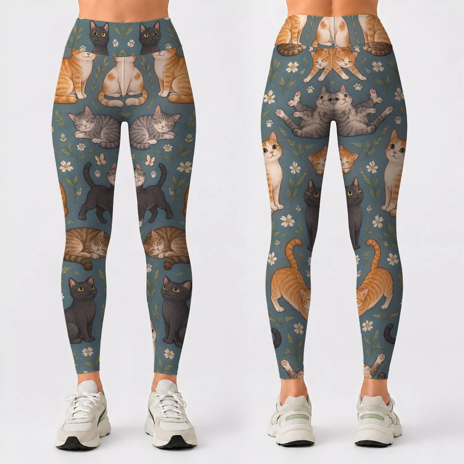Whimsical Tabby Cats on Teal for Yoga, Running and Everyday Fitness for Cat Lovers Leggings - 1