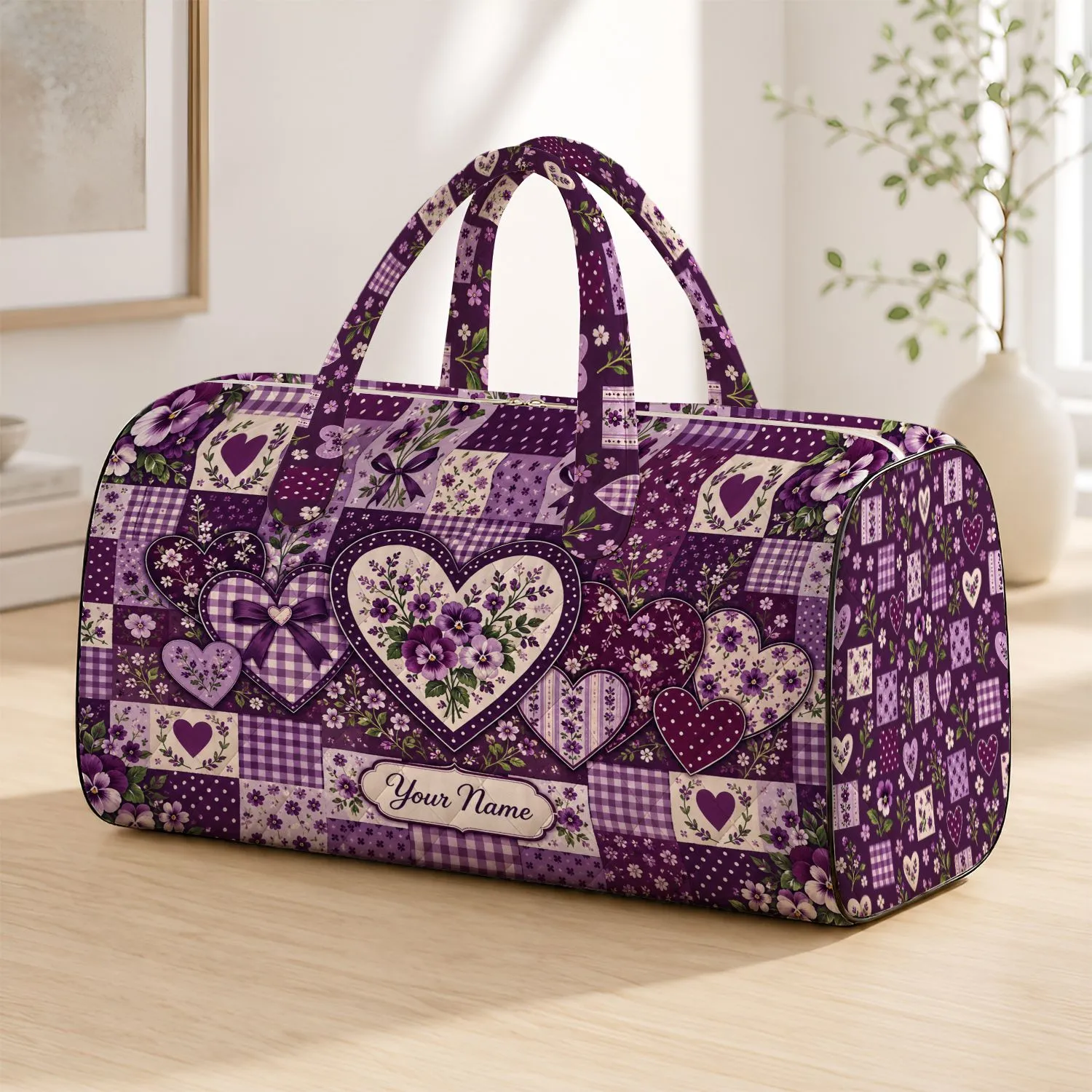 Purple Heart Patchwork Motifs for Romantic Weekend Getaways and Relaxed Travel Style Quilted Weekend Bag - 1