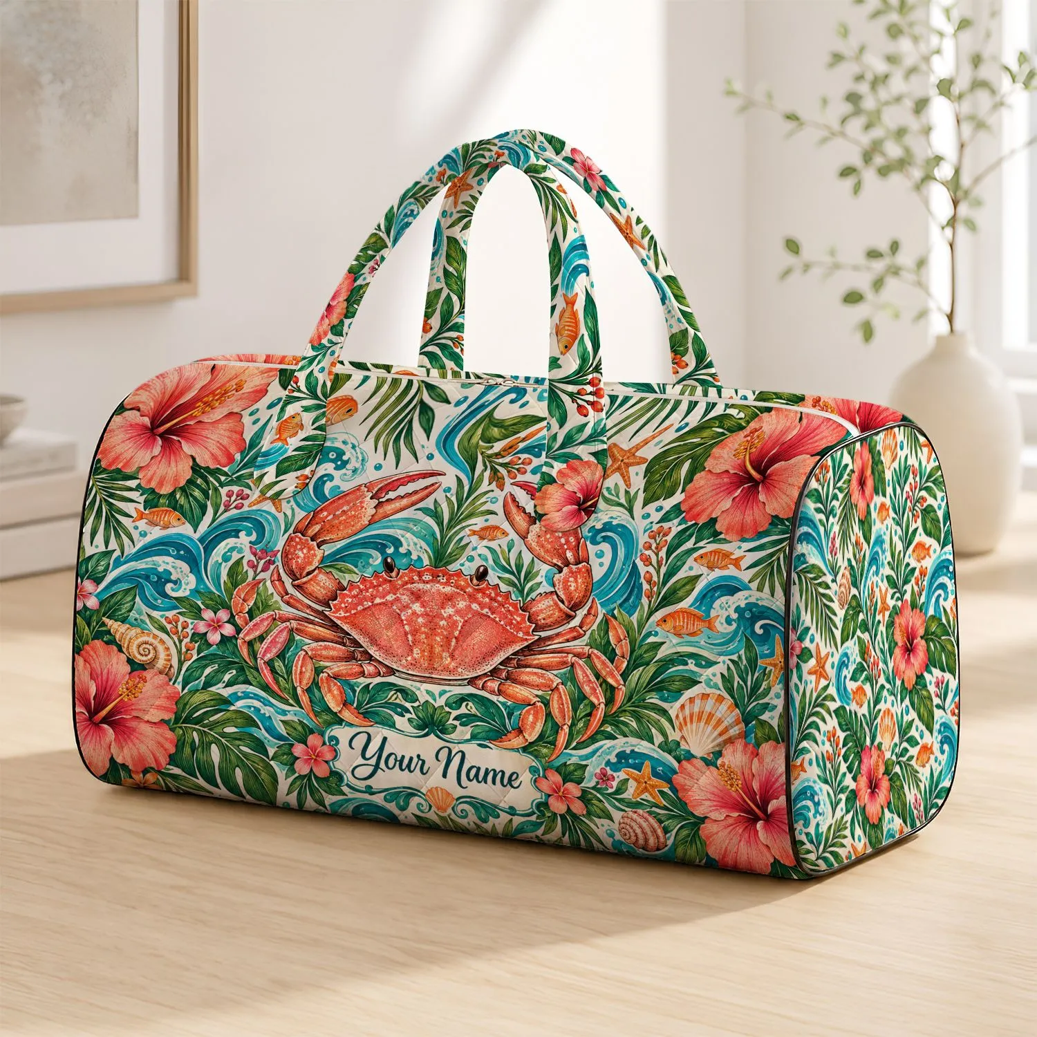 Tropical Crab and Hibiscus Coastal Motifs for Sunny Beach Days and Vacation Getaways Quilted Weekend Bag - 1