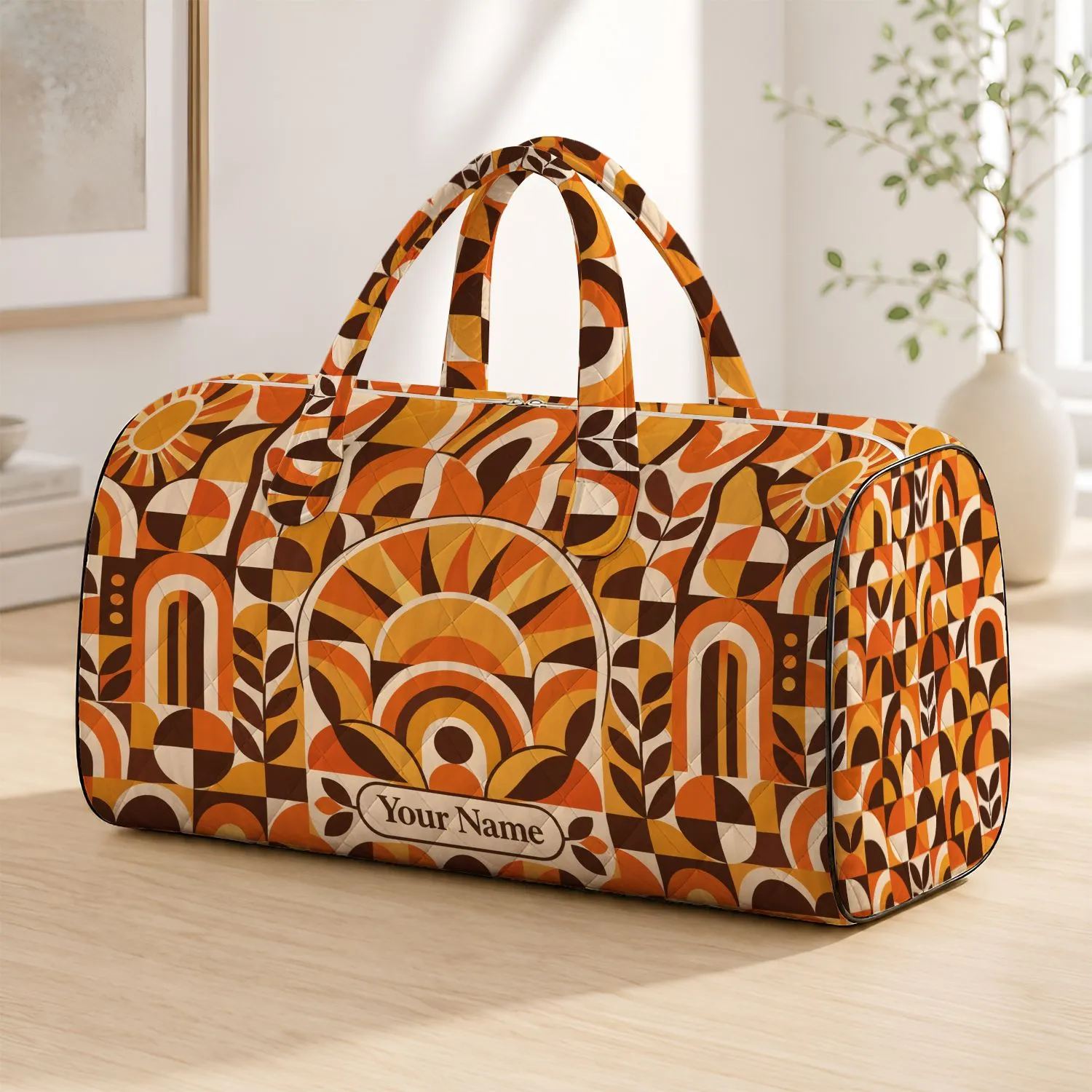 Burnt Orange Geometric Checks for Sunny Beach Days and Relaxed Weekend Getaways Quilted Weekend Bag - 1