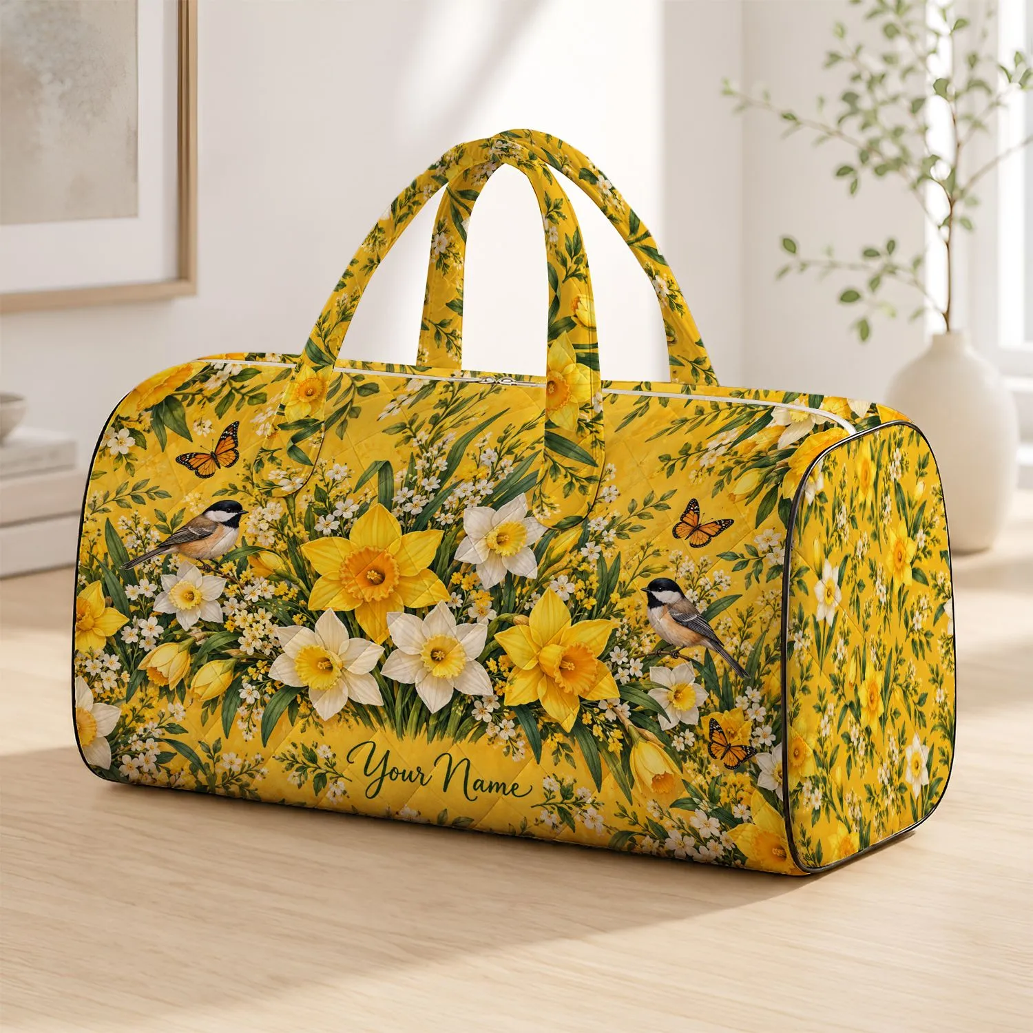 Golden Daffodils and Meadow Birds for Sunny Coastal Getaways and Spring Travel Days Quilted Weekend Bag - 1