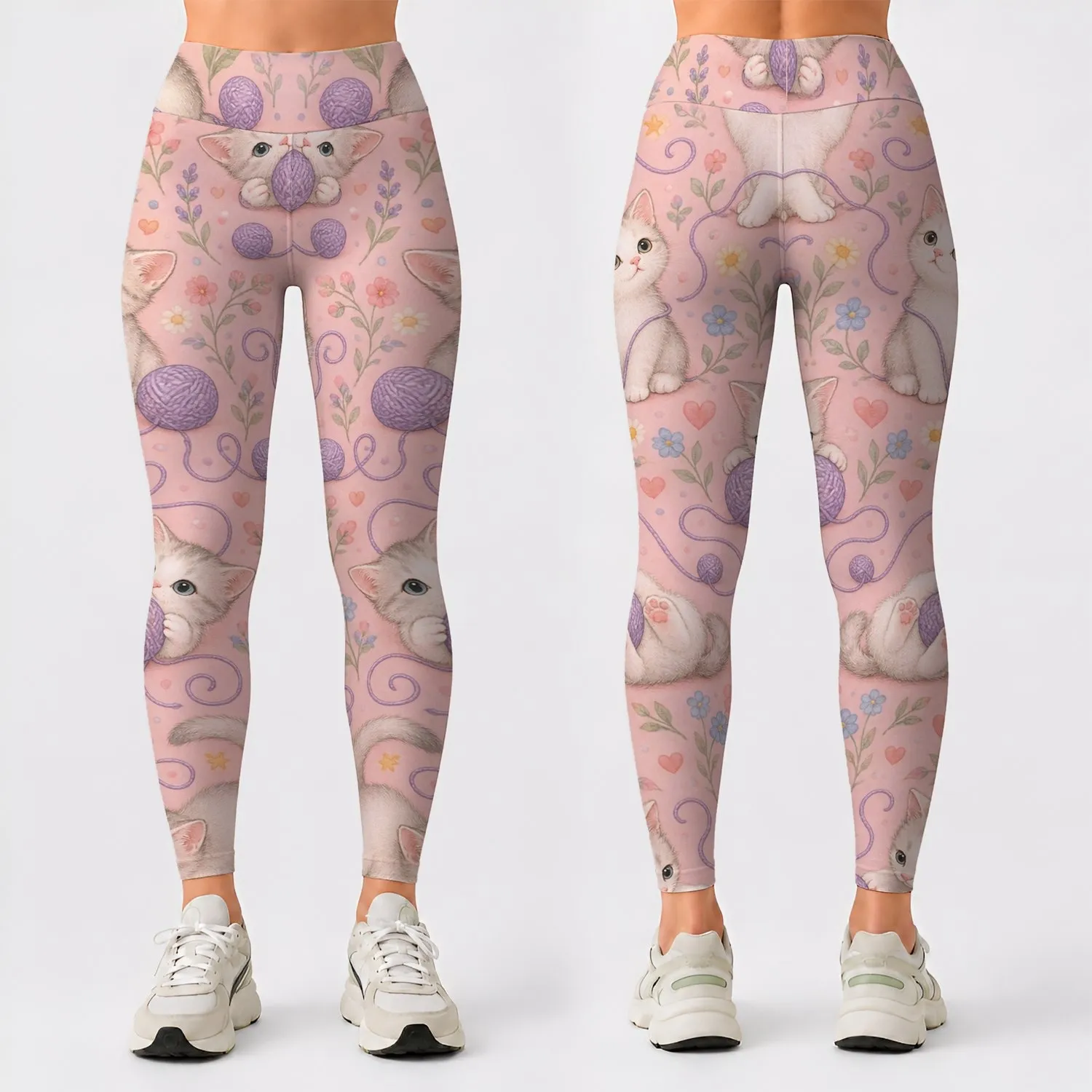 Cute Kitten And Yarn Ball Art For Yoga, Pilates And Cozy Everyday Style Leggings - 1