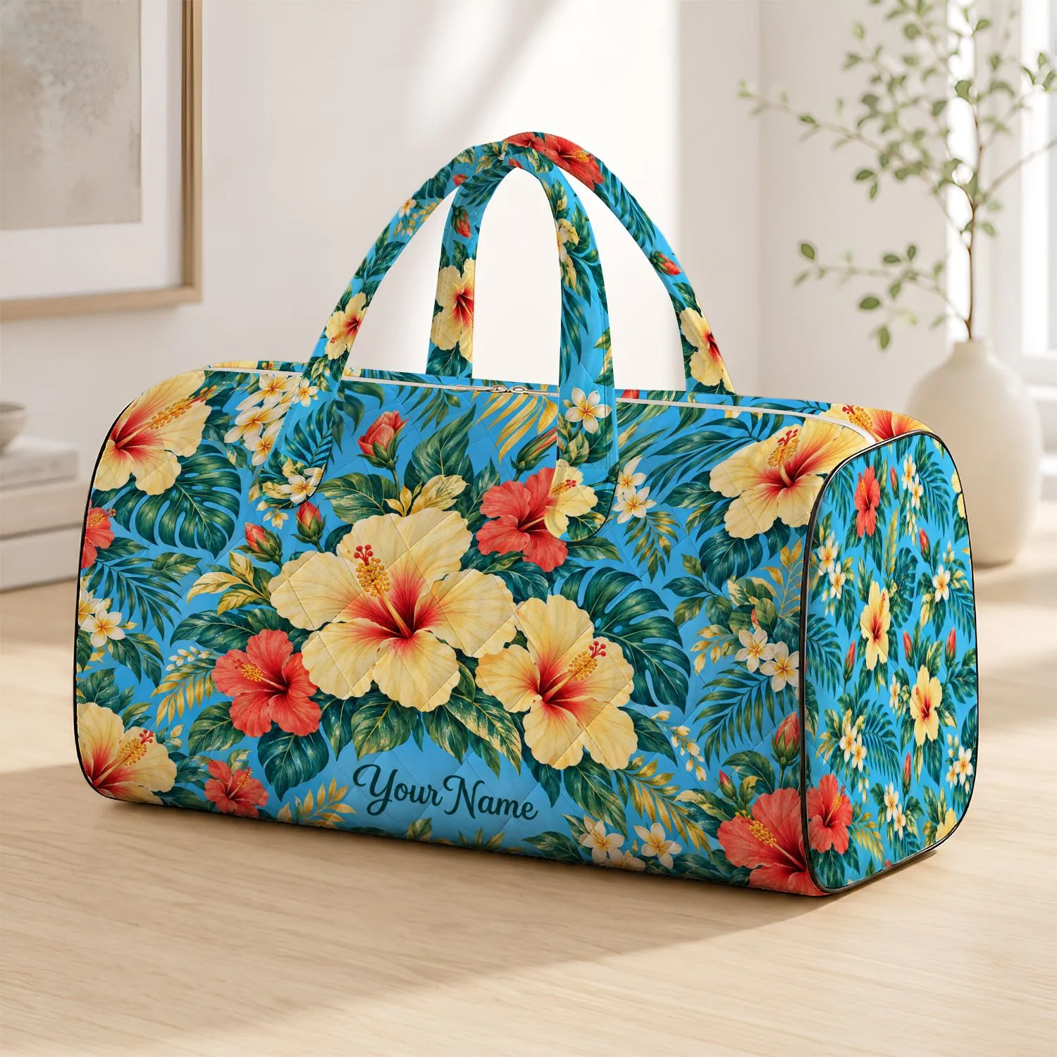Tropical Hibiscus And Palm Leaves For Relaxed Beach, Camping, And Vacation Getaways Quilted Weekend Bag - 1