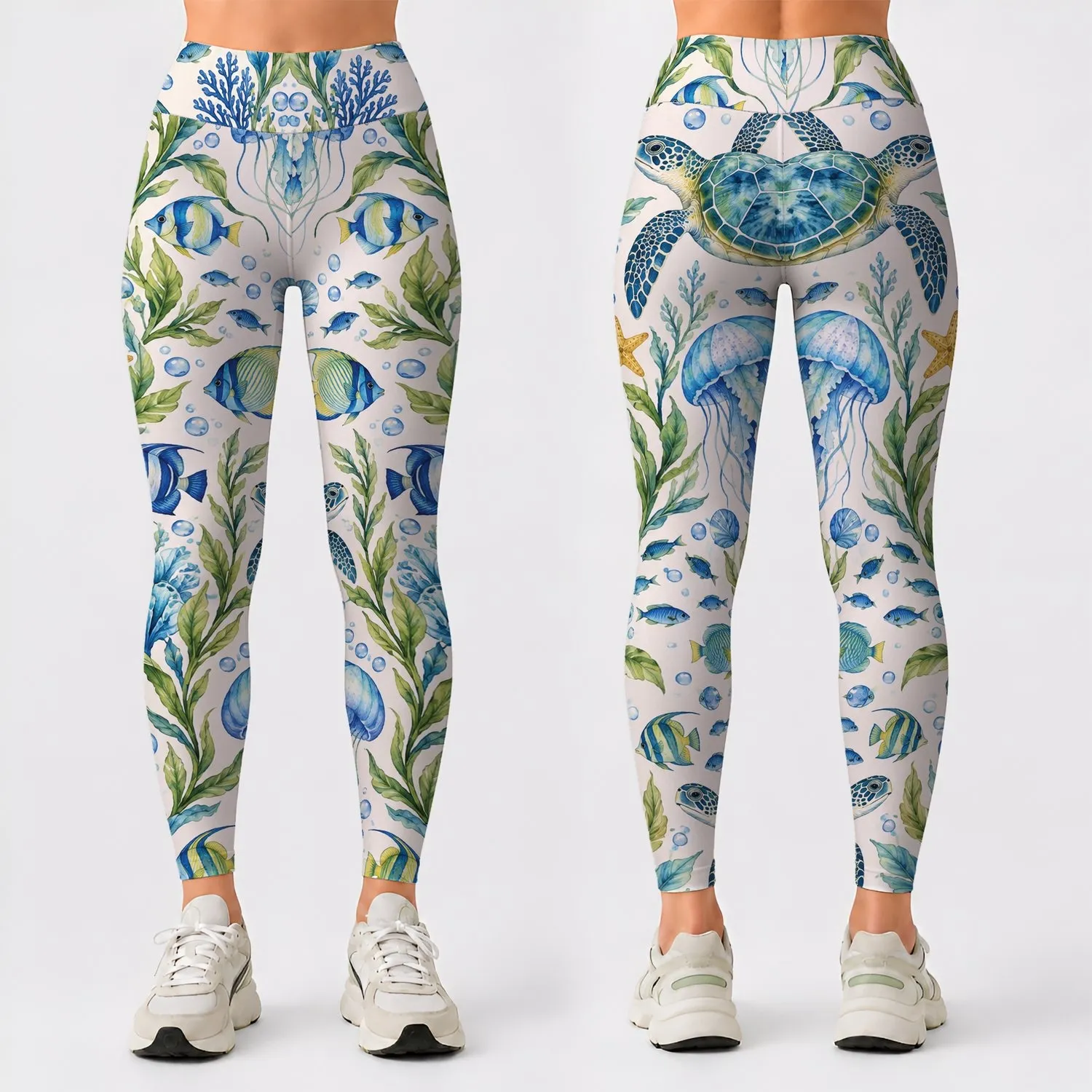 Blue Ocean Fish and Jellyfish for Coastal Yoga, Pilates and Everyday Active Style Leggings - 1