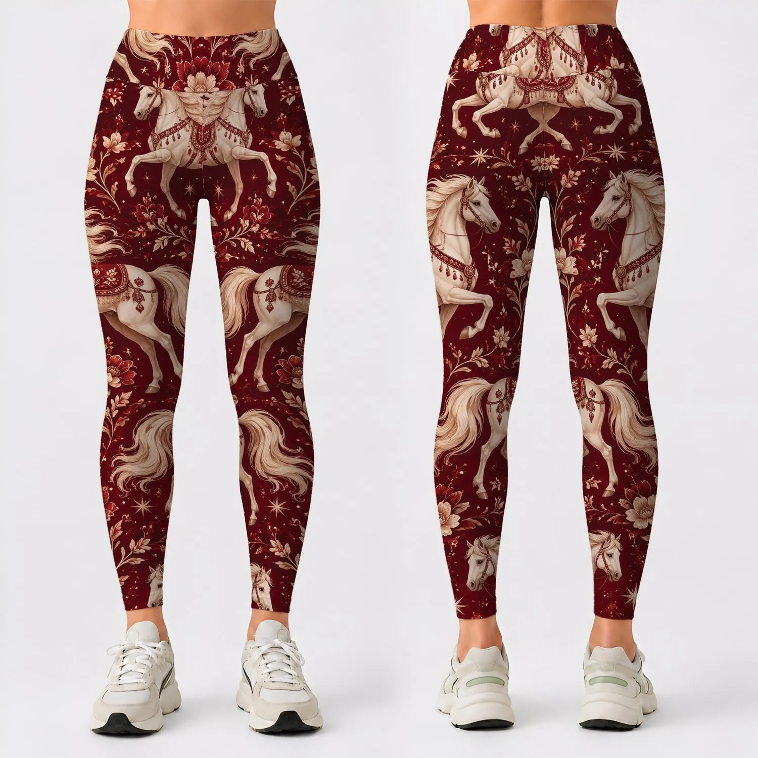 Galloping Cream Horses on Burgundy for Yoga, Pilates and Equestrian Lifestyle Wear Leggings - 1